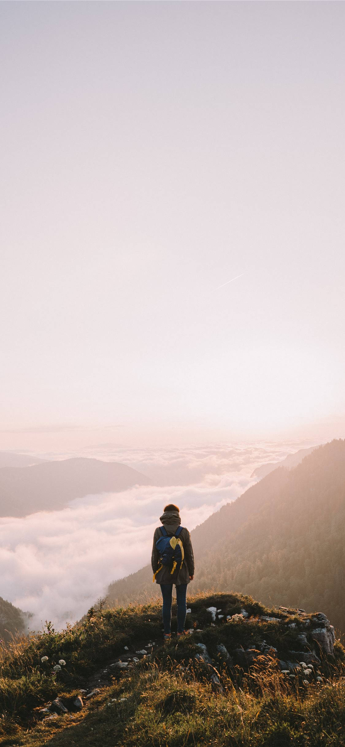 hiker, mountain ridge, sunrise, Full HD Phone Wallpaper