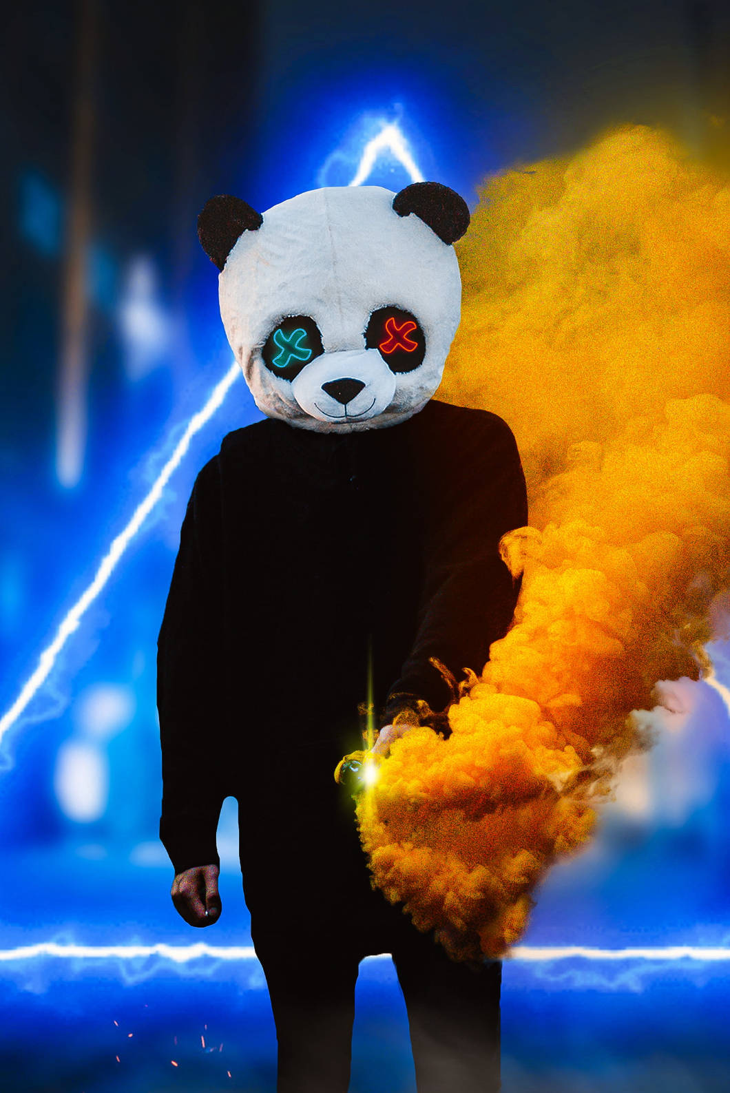 panda mask, glowing eyes, smoking flare, HD Phone Wallpaper