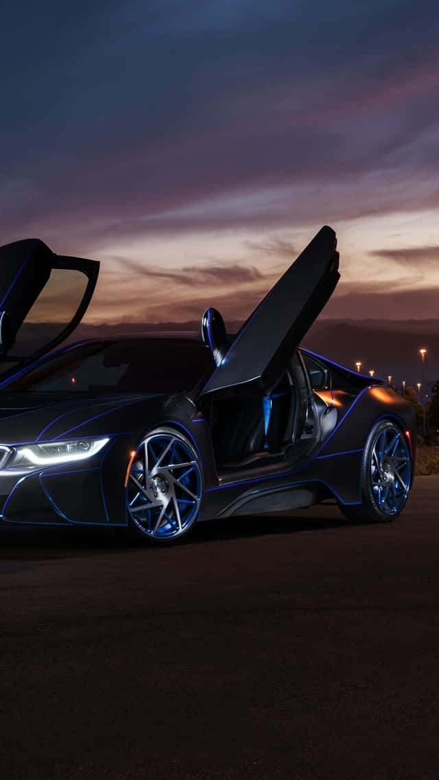 iPhone 5s, sleek black sports car, glowing blue accents, SD Phone Wallpaper