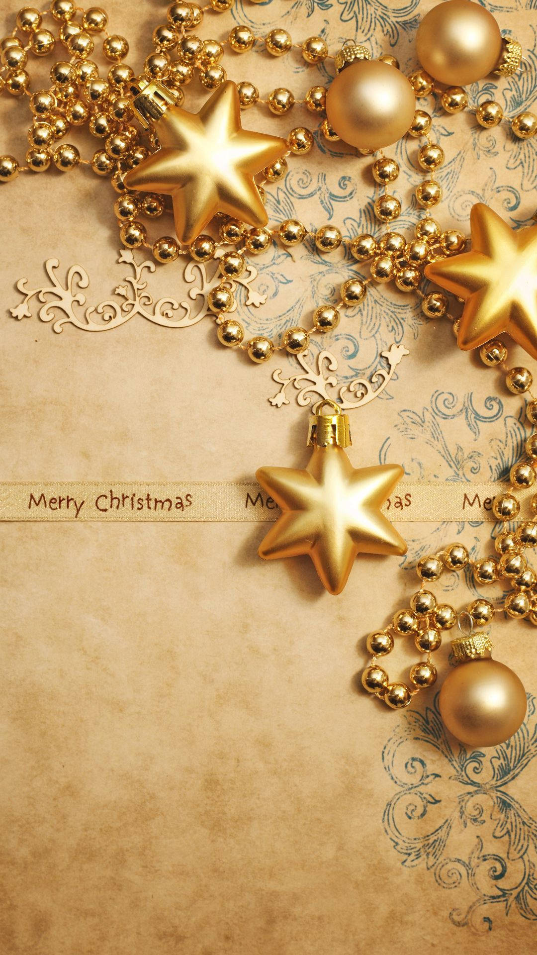 iPhone 6s Gold, Golden Christmas ornaments, vintage patterned paper, Full HD Phone Wallpaper