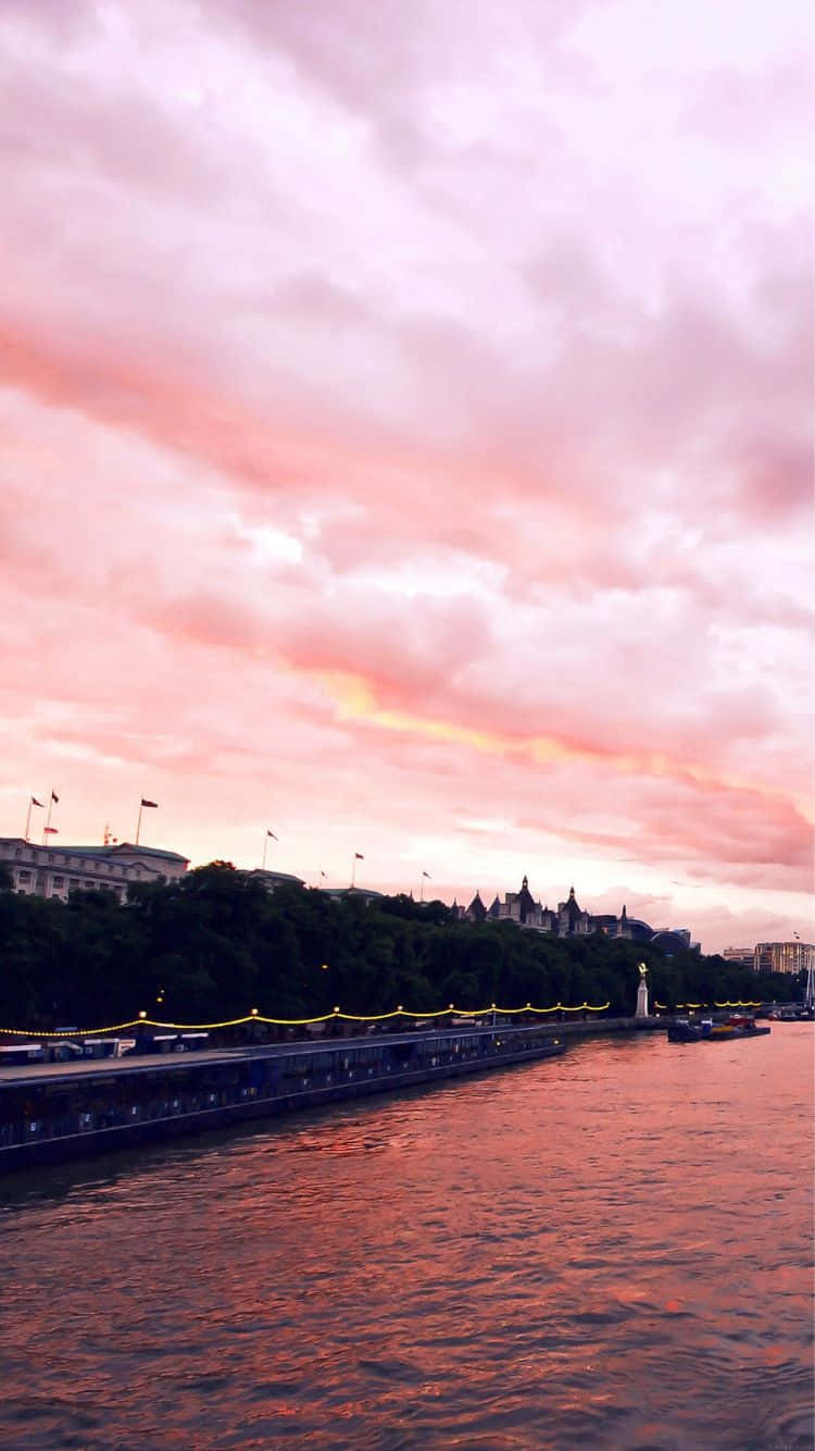 iPhone 6s, vibrant pink and orange sunset, tree-lined embankment, HD Phone Wallpaper