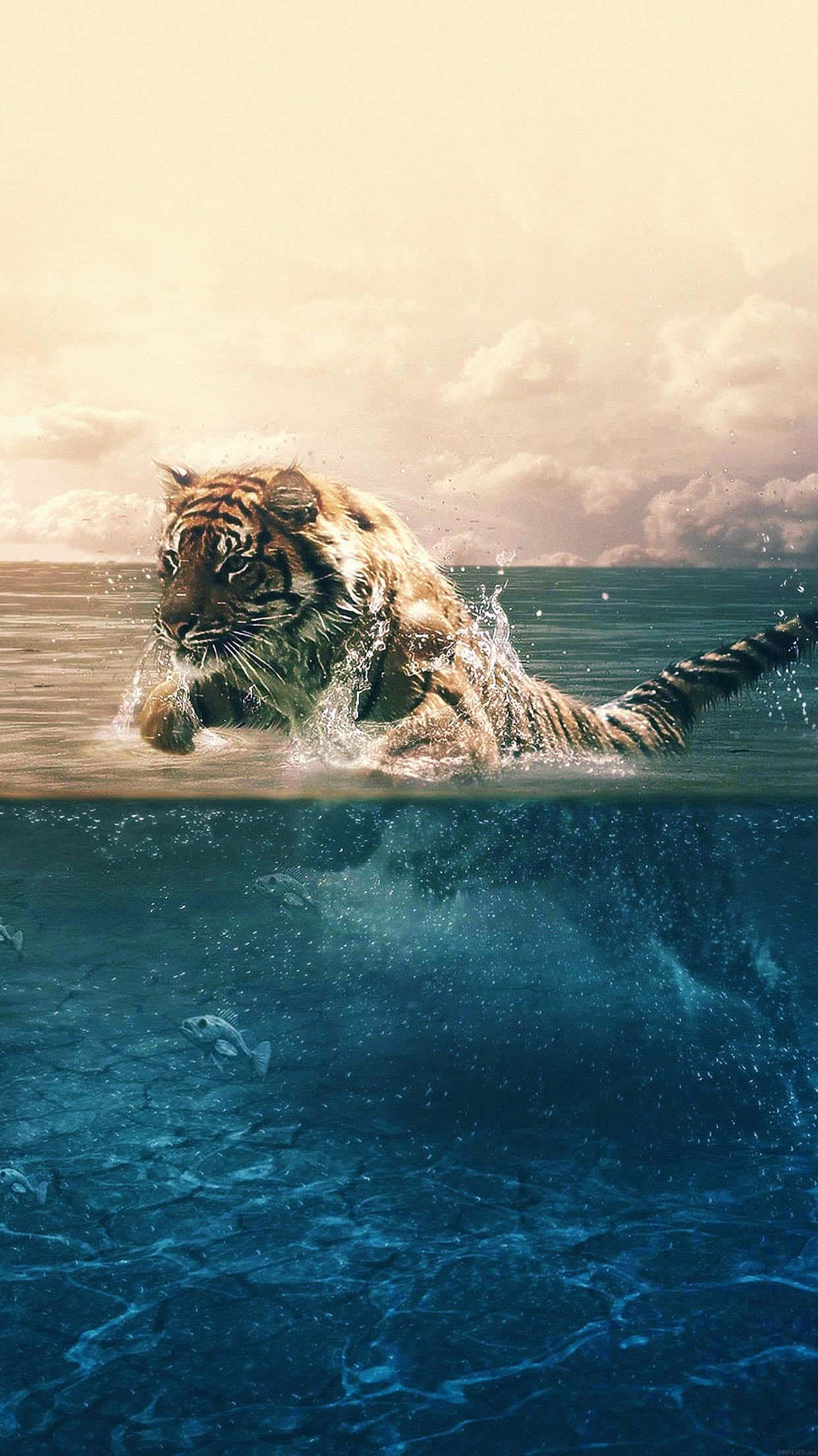 iPhone 7 Plus, tiger, ocean waves, Full HD Phone Wallpaper