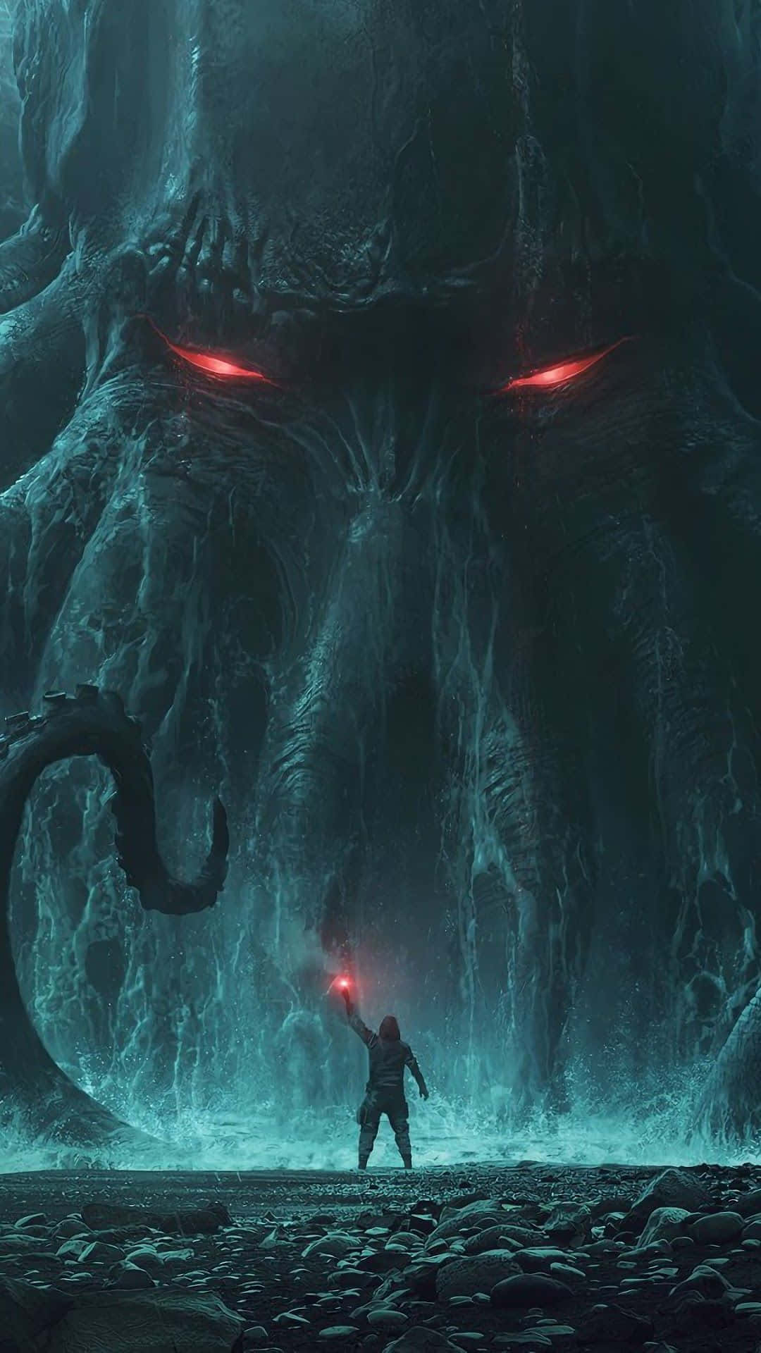 iPhone 8 Plus, glowing red torch, colossal shadowy monster, Full HD Phone Wallpaper