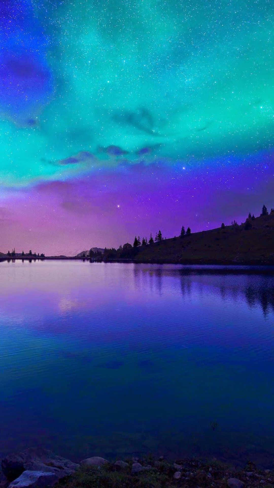 iPhone 8 Plus, aurora borealis, starry purple and teal sky, Full HD Phone Wallpaper
