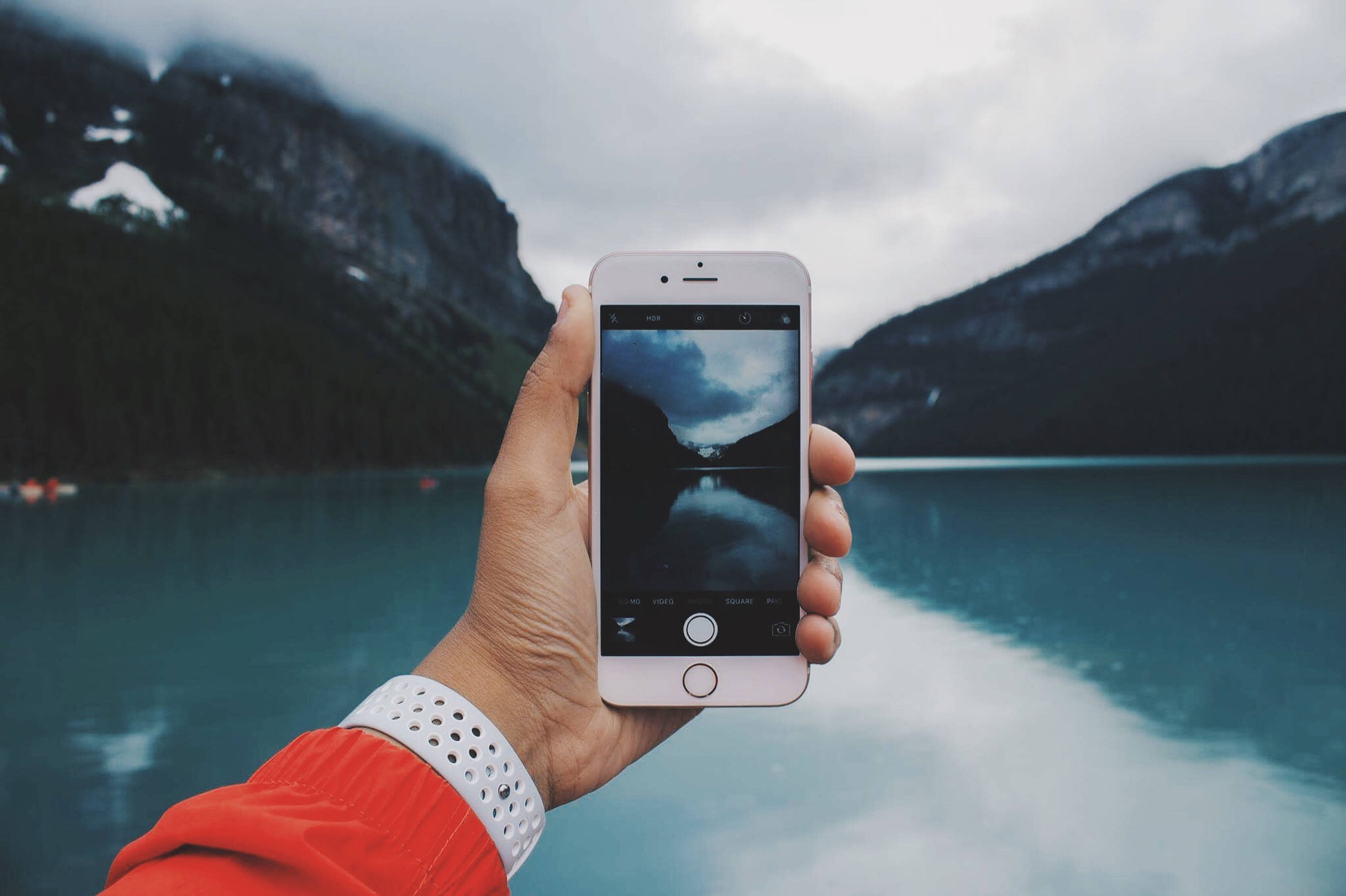 iPhone 8, misty mountain lake, snow-capped peaks, 2K Desktop Wallpaper