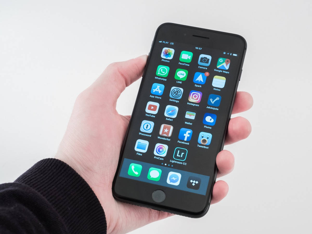 iPhone 8, black smartphone, grid of colorful app icons, SD Desktop Wallpaper
