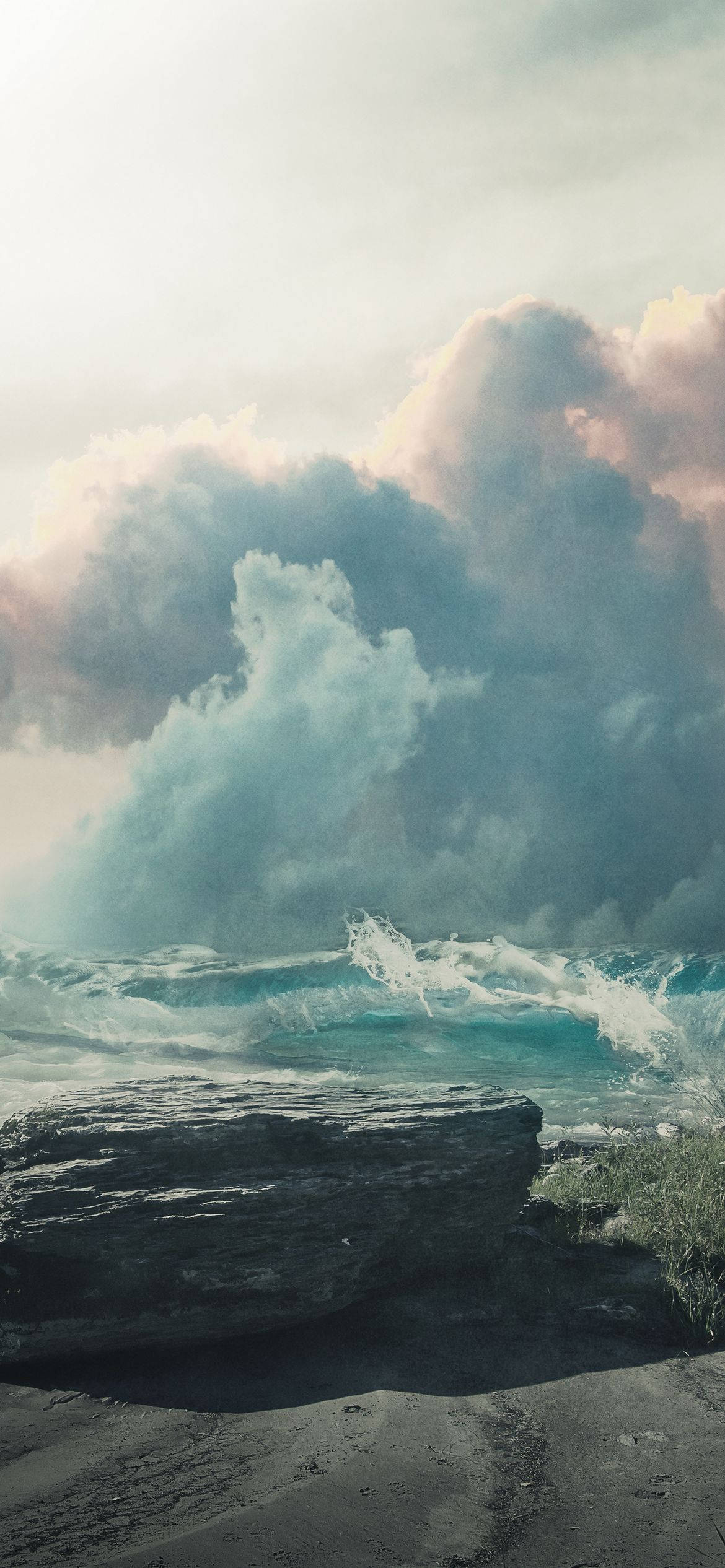 crashing wave, turquoise waves, dark rocks, Full HD Phone Wallpaper