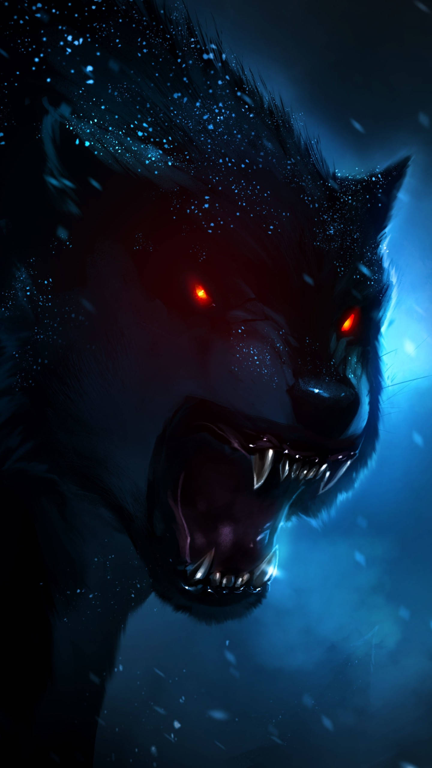 iPhone Animation, black wolf, glowing red eyes, 2K Phone Wallpaper