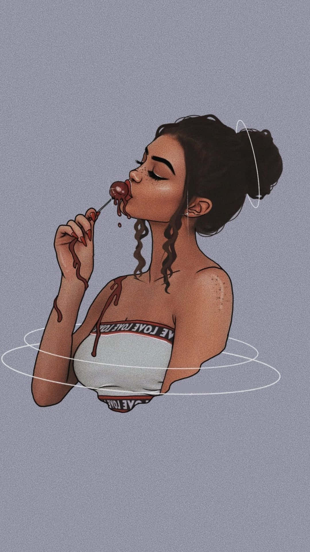 black girl, cherry on a stick, dark hair in a bun, Full HD Phone Wallpaper