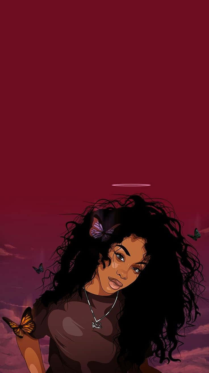 animated black girl, butterflies, dark curly hair, HD Phone Wallpaper