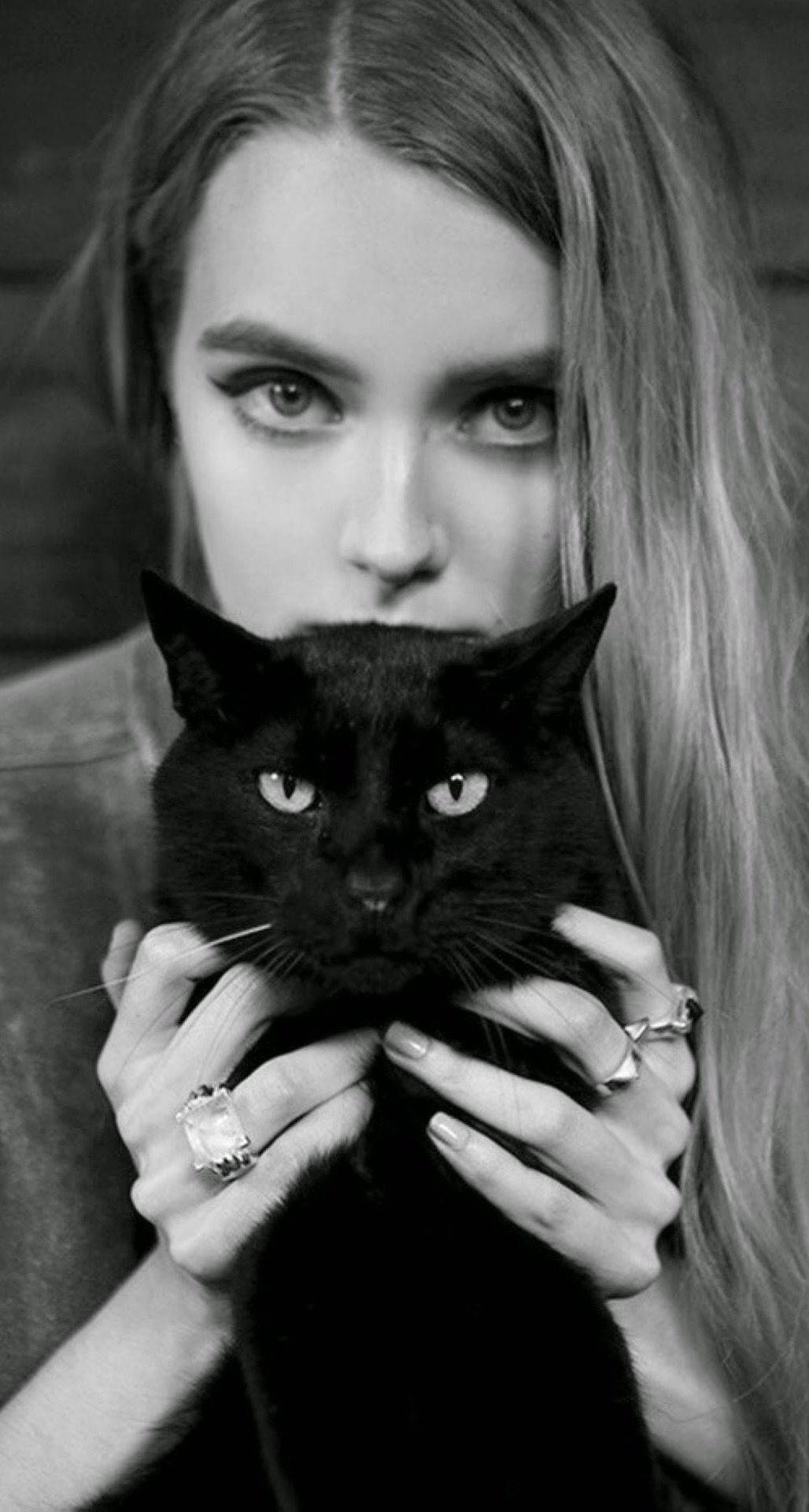 black cat, woman, monochrome portrait, Full HD Phone Wallpaper