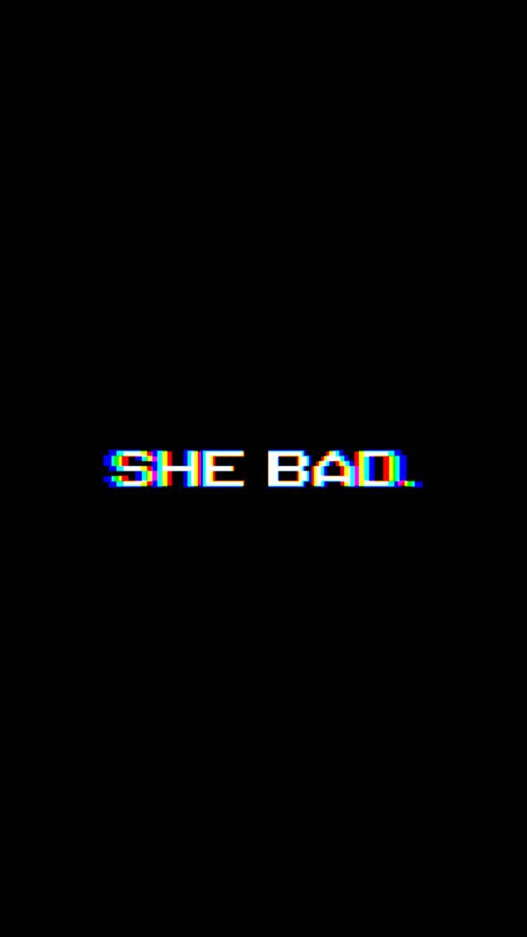 SHE BAD, glitchy pixelated text, solid black background, HD Phone Wallpaper