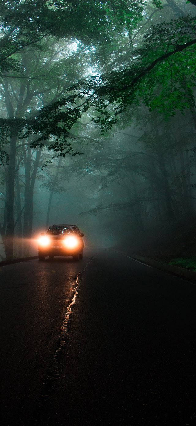 iPhone Car, dark forest road, glowing headlights, HD Phone Wallpaper