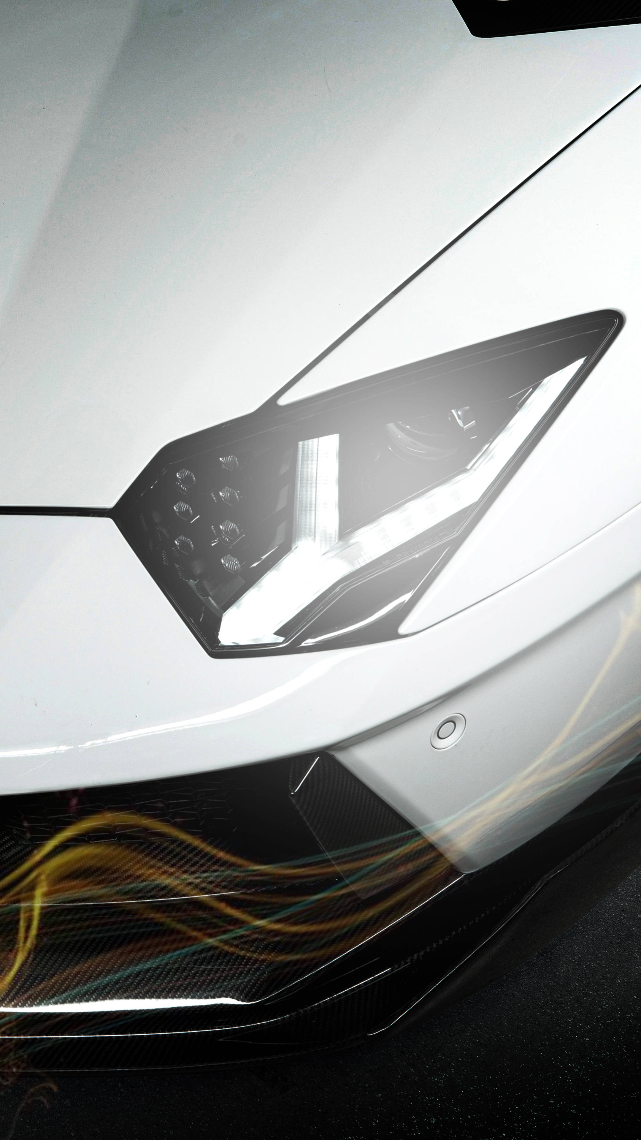 white sports car, angular headlight, glowing yellow motion blur streaks, 4K Phone Wallpaper