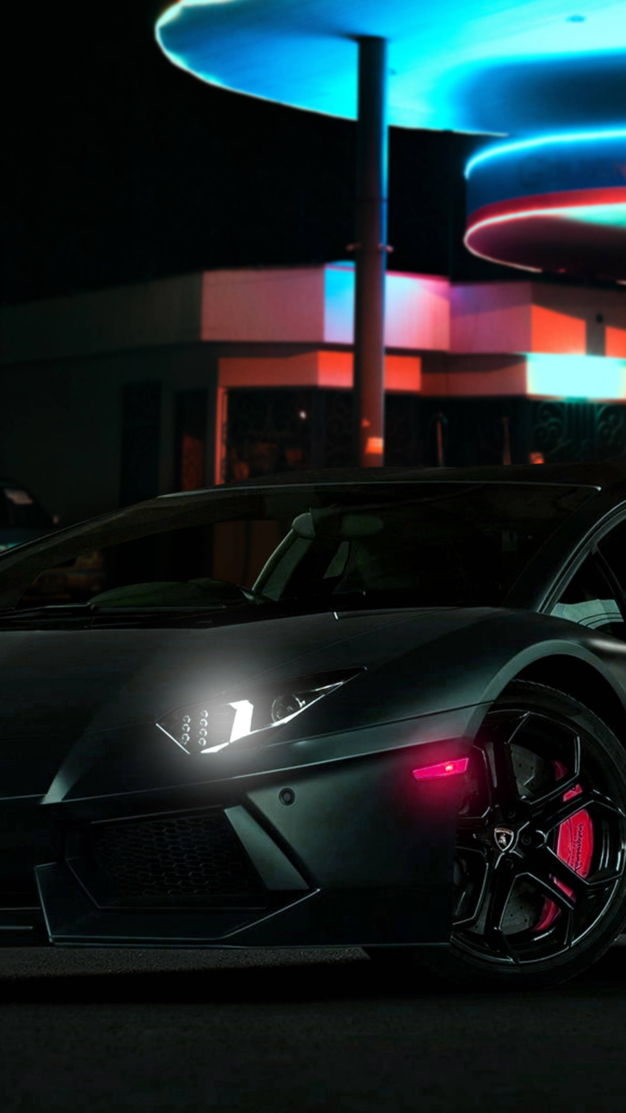matte black Lamborghini, neon lights, red brake calipers, 4K Phone Wallpaper