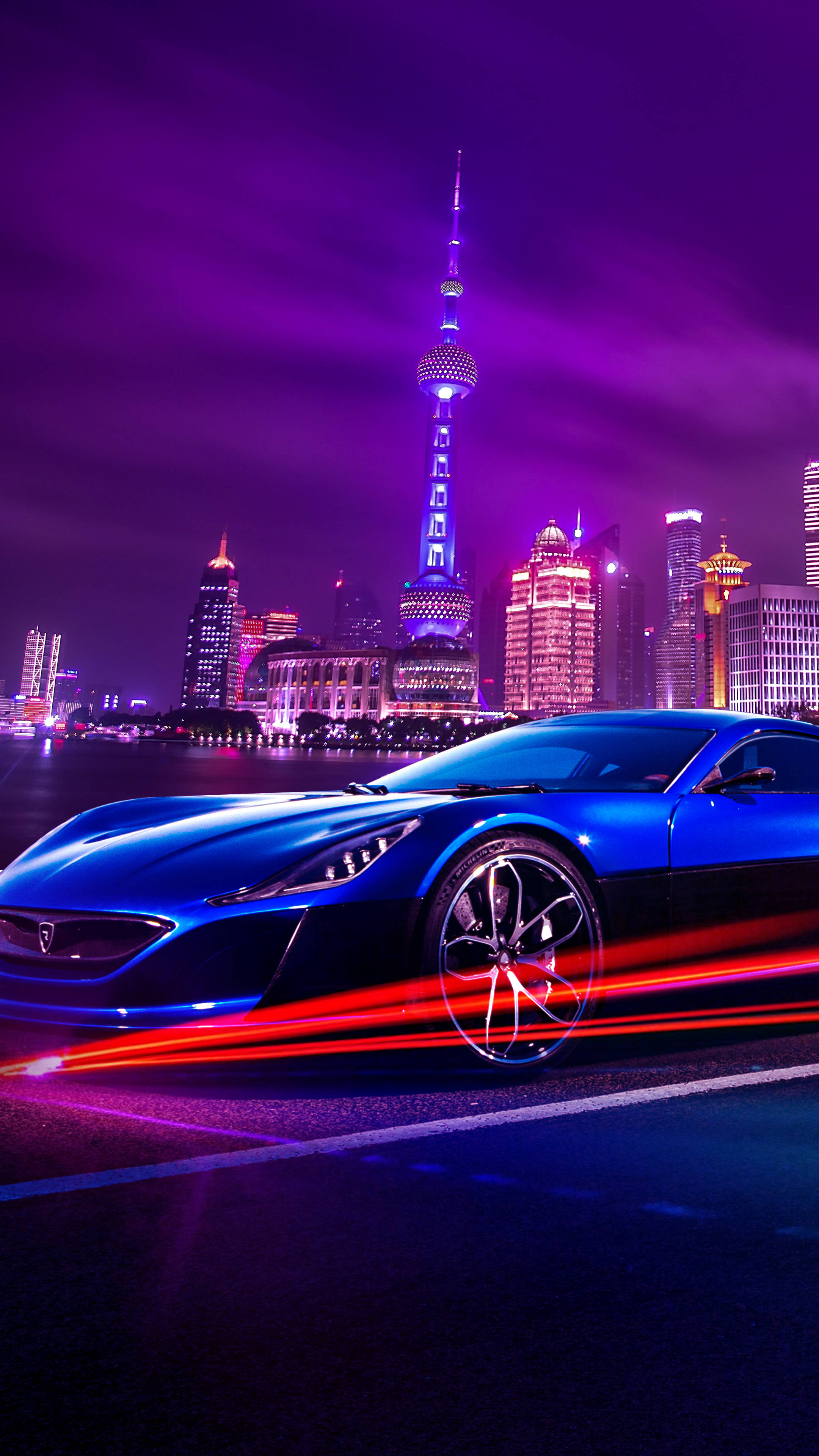 blue sports car, red light trails, vibrant purple neon Shanghai skyline, 4K Phone Wallpaper