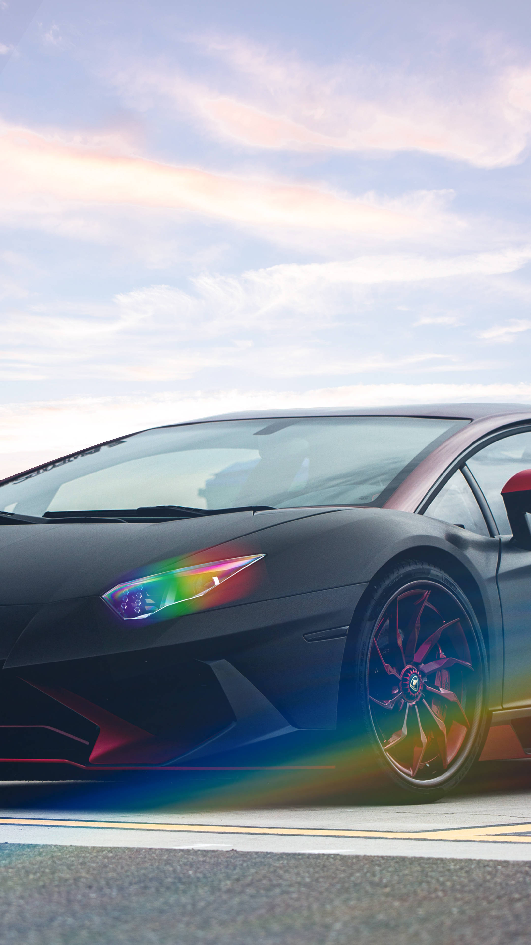 black sports car, rainbow lens flare, pastel sky, 4K Phone Wallpaper