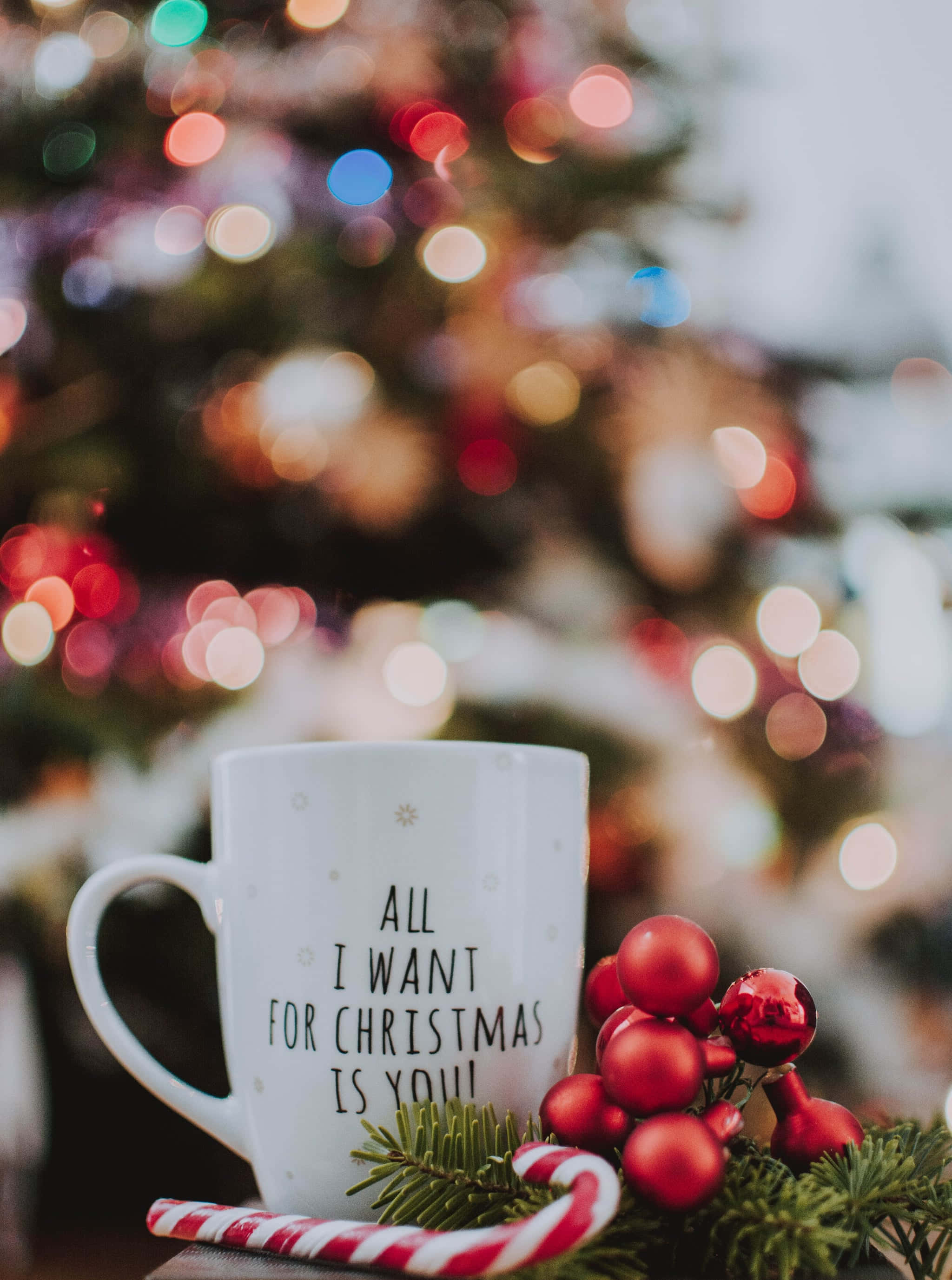 iPhone Christmas Aesthetic, white mug, festive text, 2K Phone Wallpaper