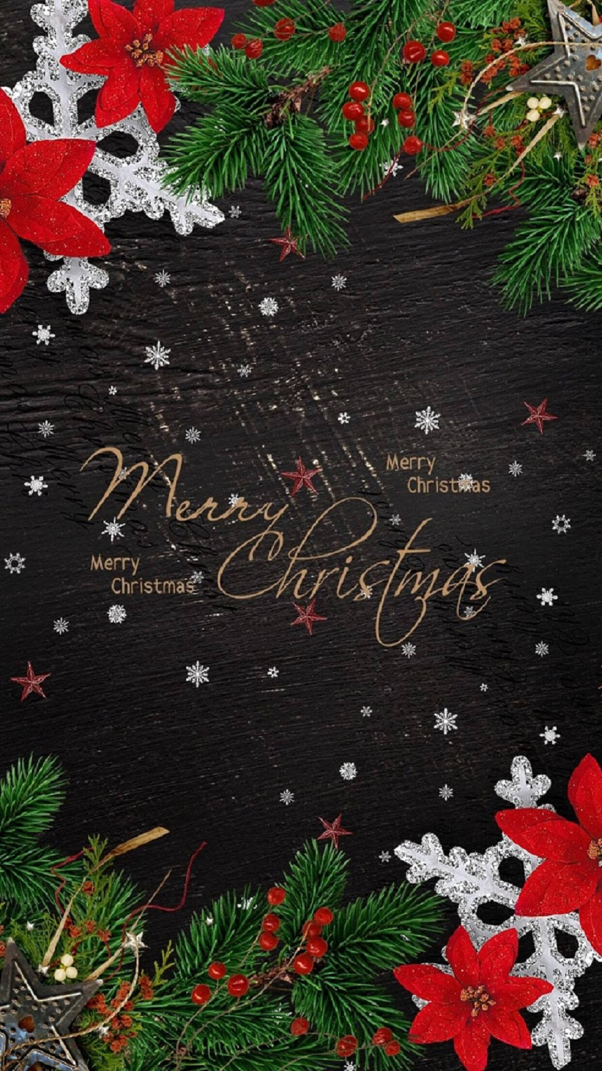 Christmas, red poinsettias, silver snowflakes, Full HD Phone Wallpaper