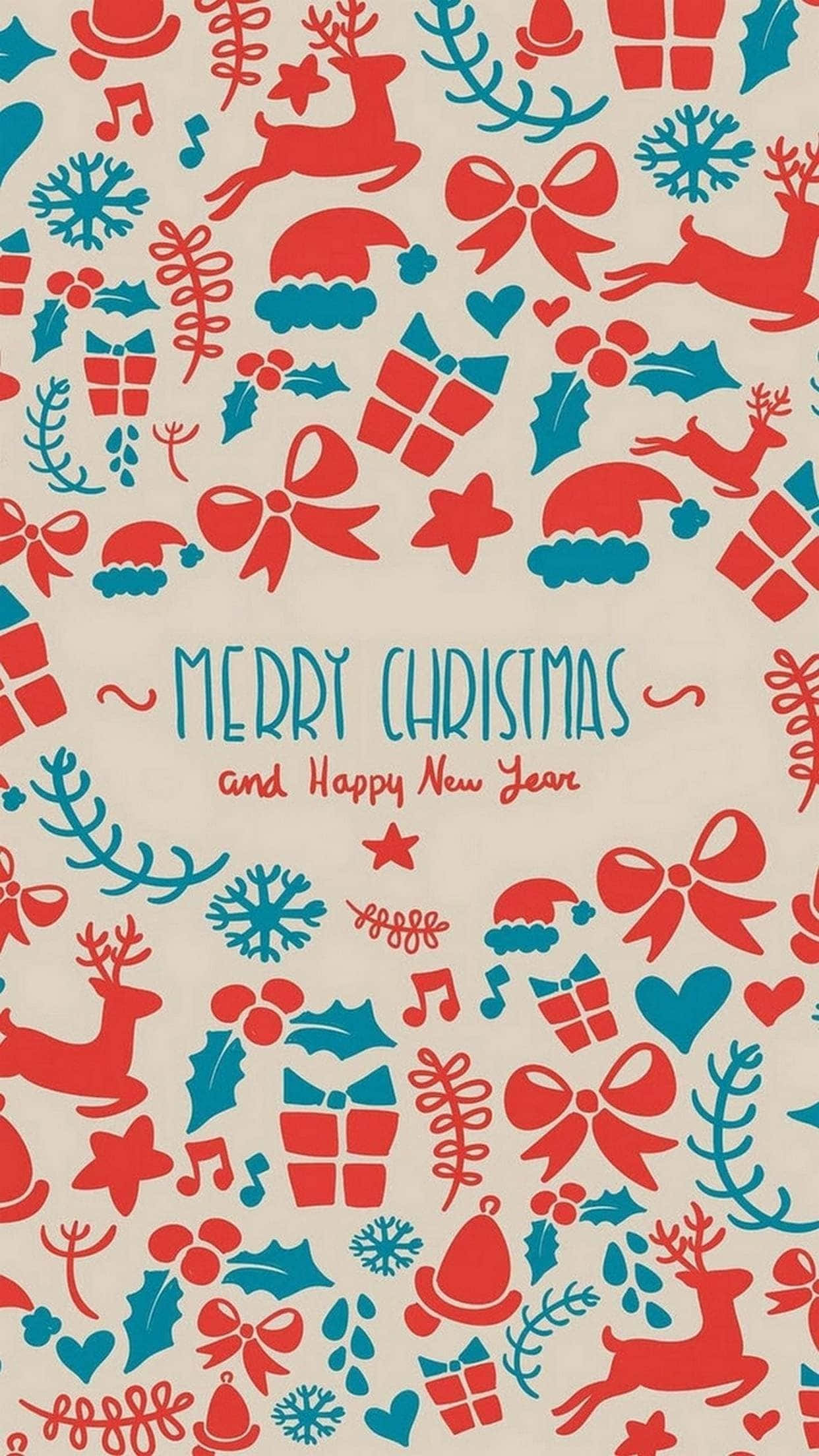 red Christmas iPhone, festive red and teal Christmas pattern, reindeer gifts bows, Full HD Phone Wallpaper
