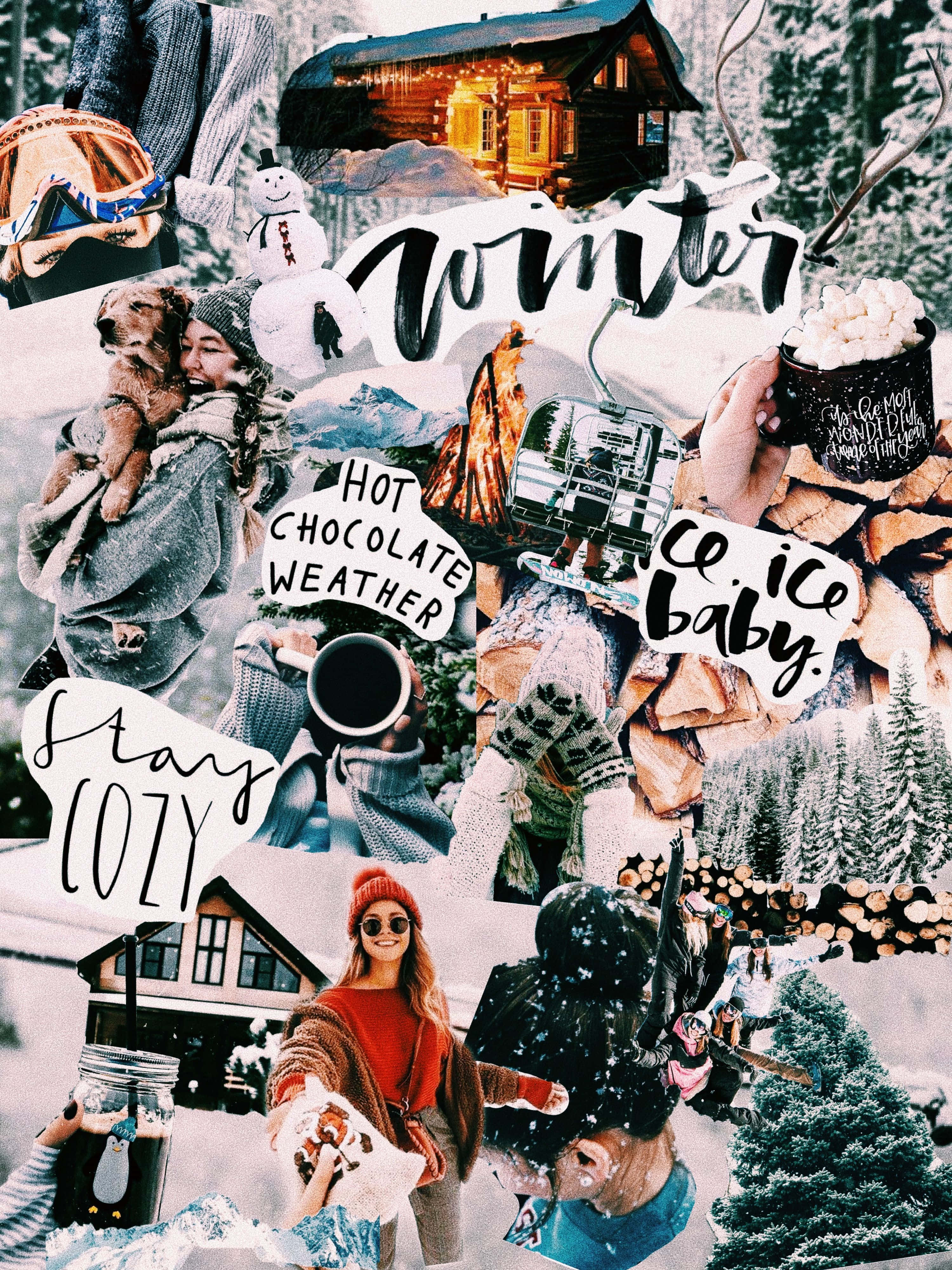 iPhone Collage, winter season, snow-covered cabins, 4K Phone Wallpaper