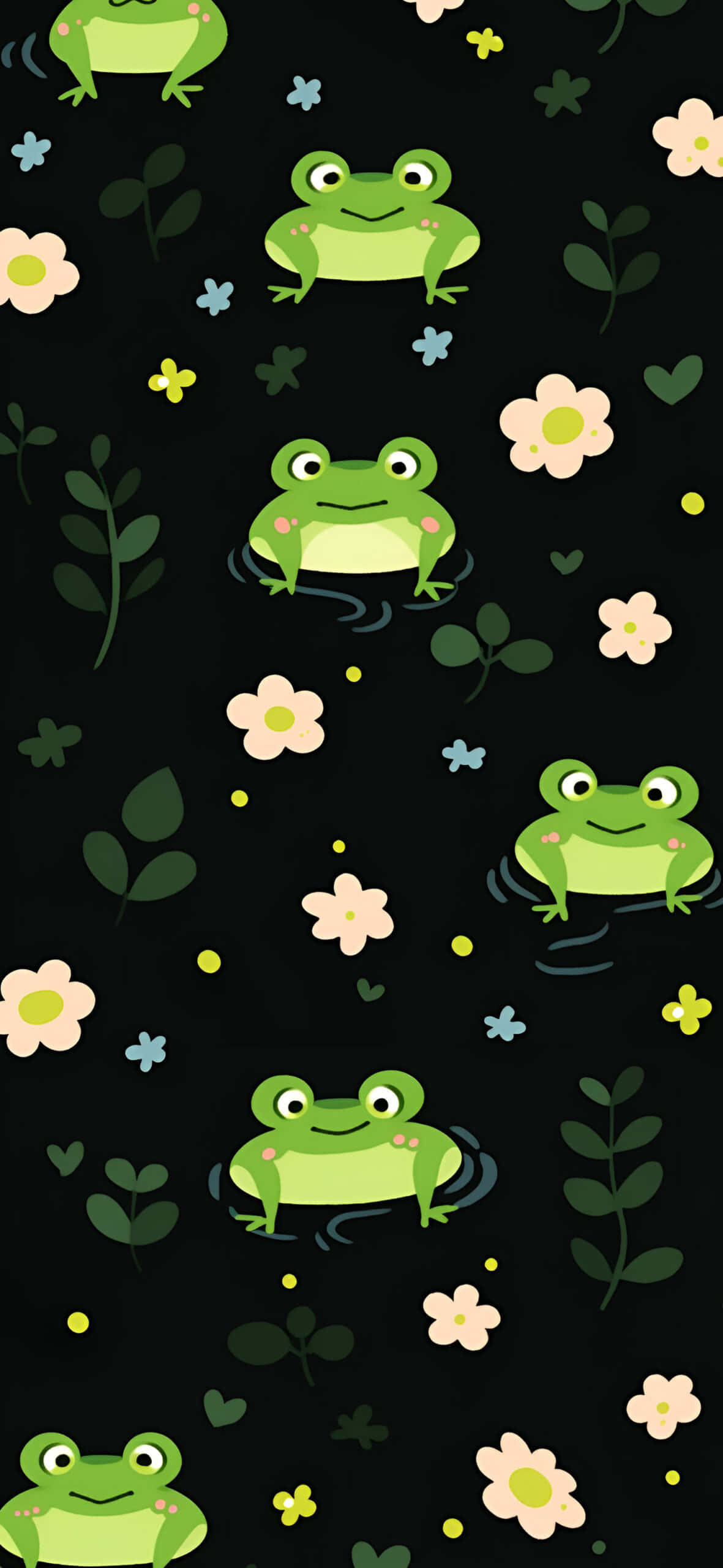 cute frog, green cartoon frogs, pink flowers, 2K Phone Wallpaper