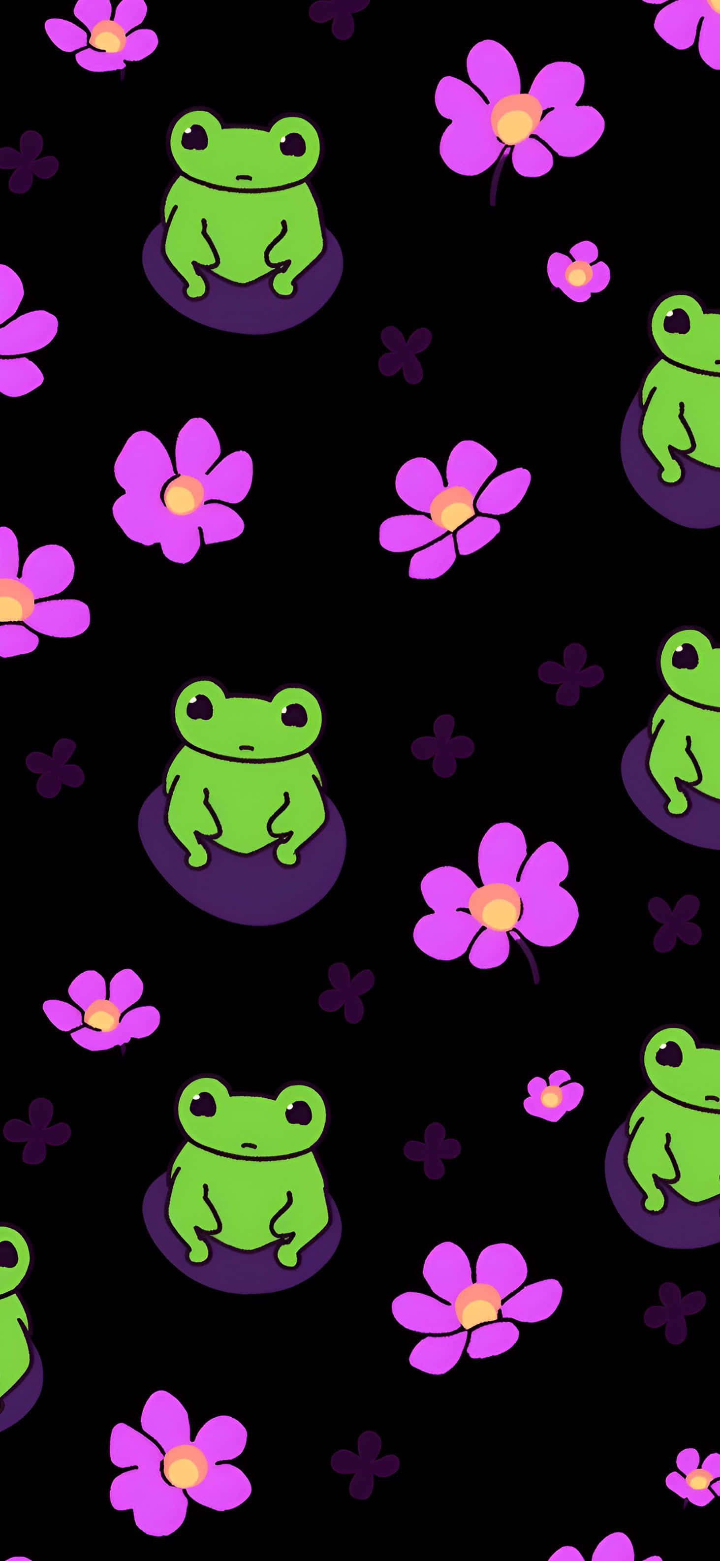 cute frog, flowers pattern, purple circles, 2K Phone Wallpaper