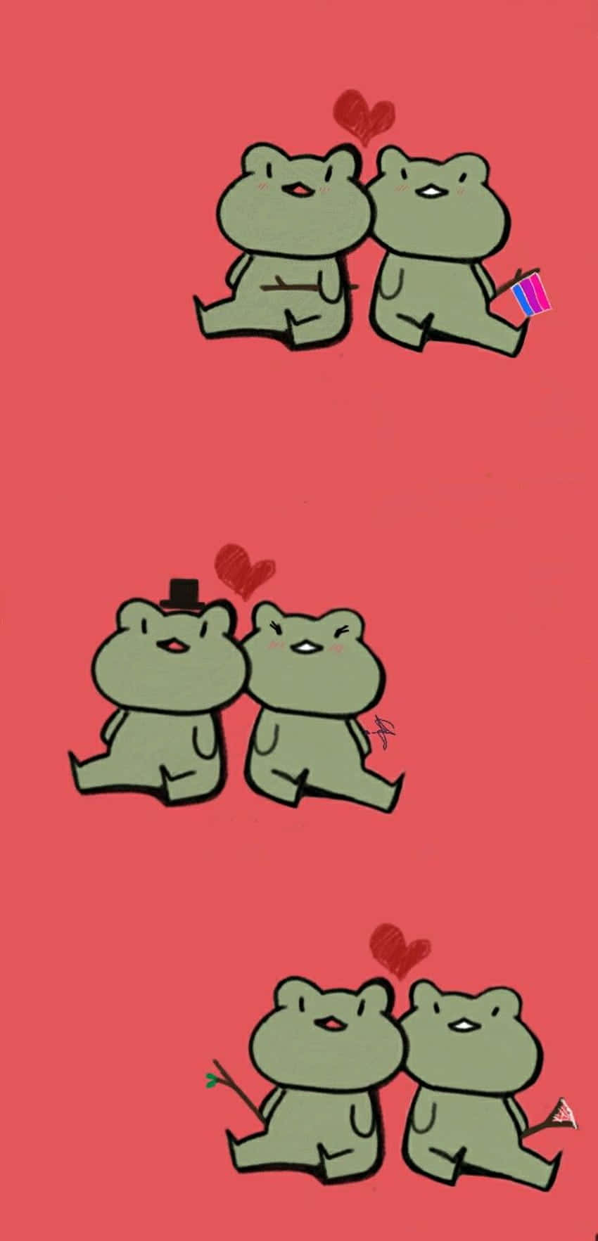 frog couples, cute green frog, solid red background, HD Phone Wallpaper