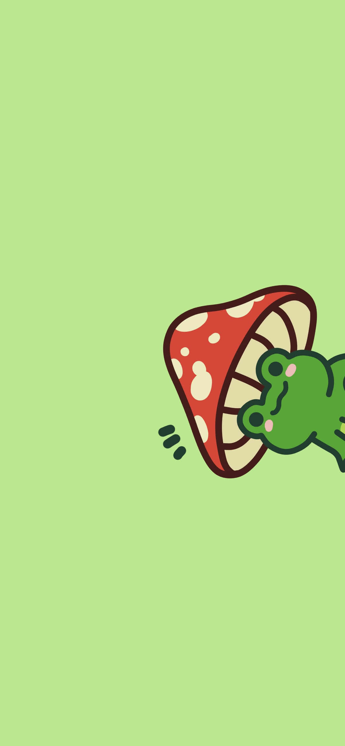 cute green frog, red spotted mushroom, solid light green background, 2K Phone Wallpaper