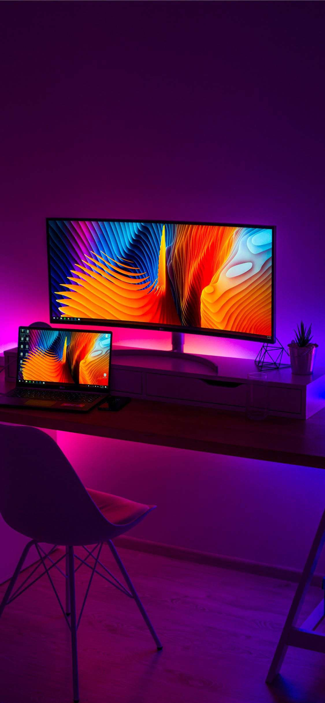 purple ambient light, large monitor, laptop, Full HD Phone Wallpaper