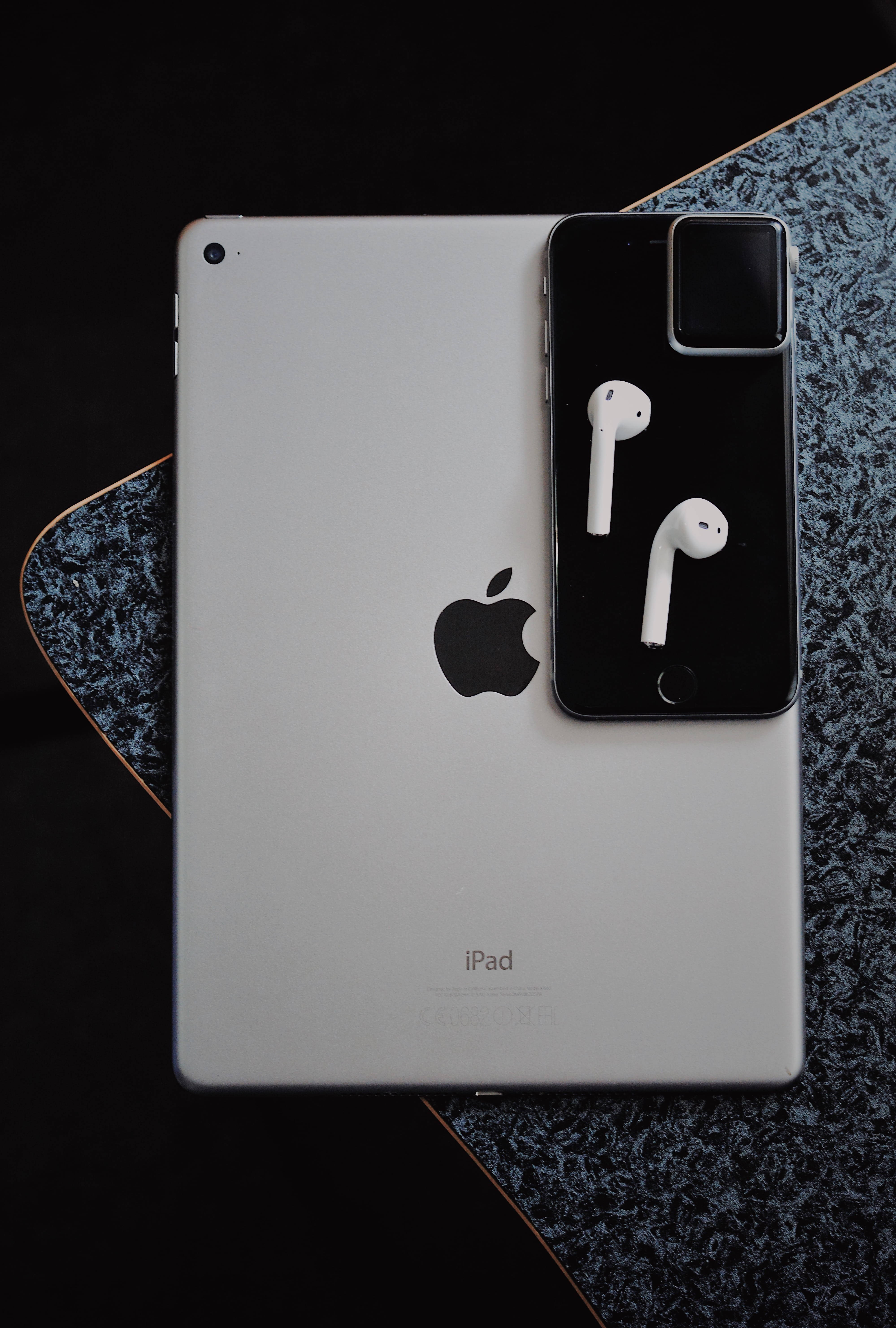 iPad, smartphone, white earbuds, 5K Phone Wallpaper