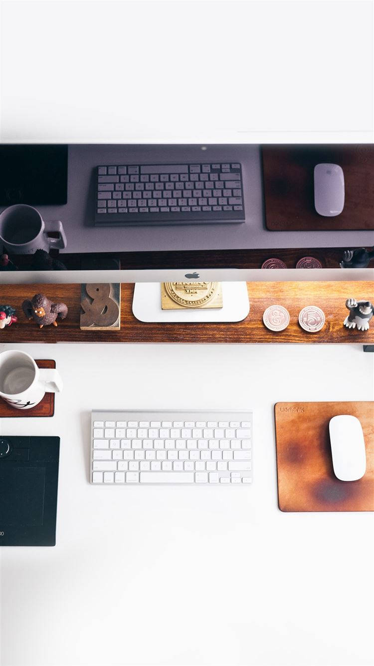 iPhone Desk, minimalist white desk, two keyboards, HD Phone Wallpaper