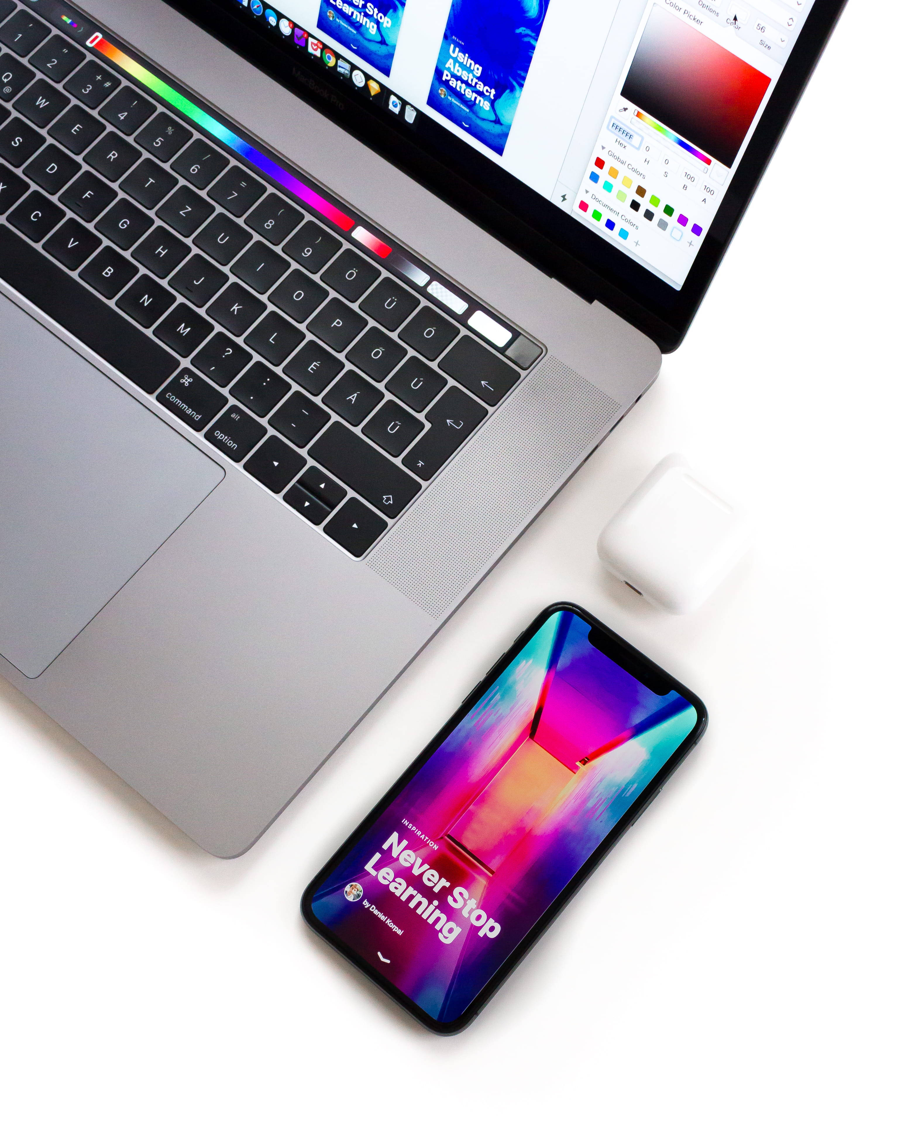 iPhone Desk, colorful phone screen, vibrant gradient screens, 4K Phone Wallpaper