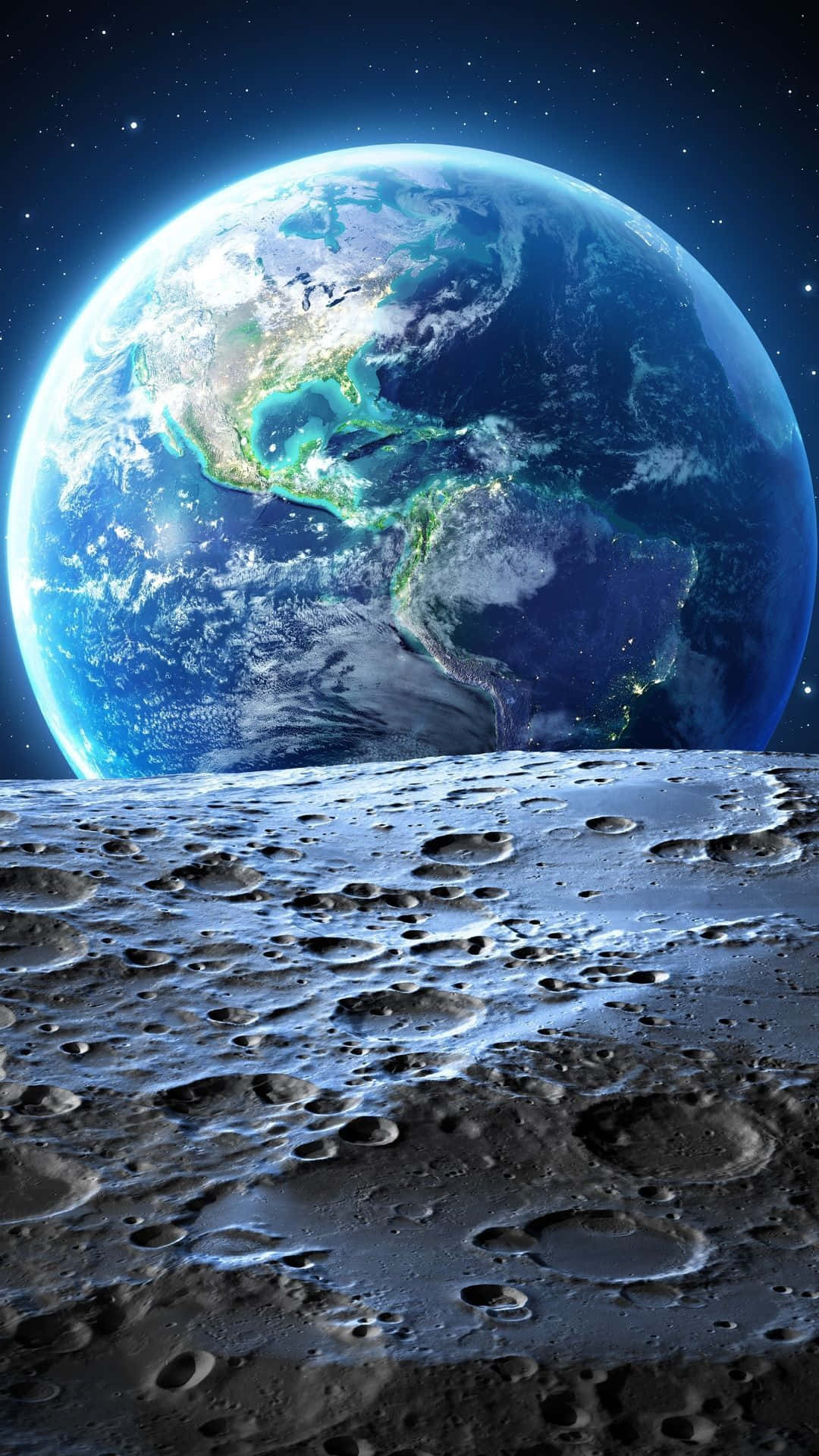 Earth, lunar surface, starry night sky, Full HD Phone Wallpaper