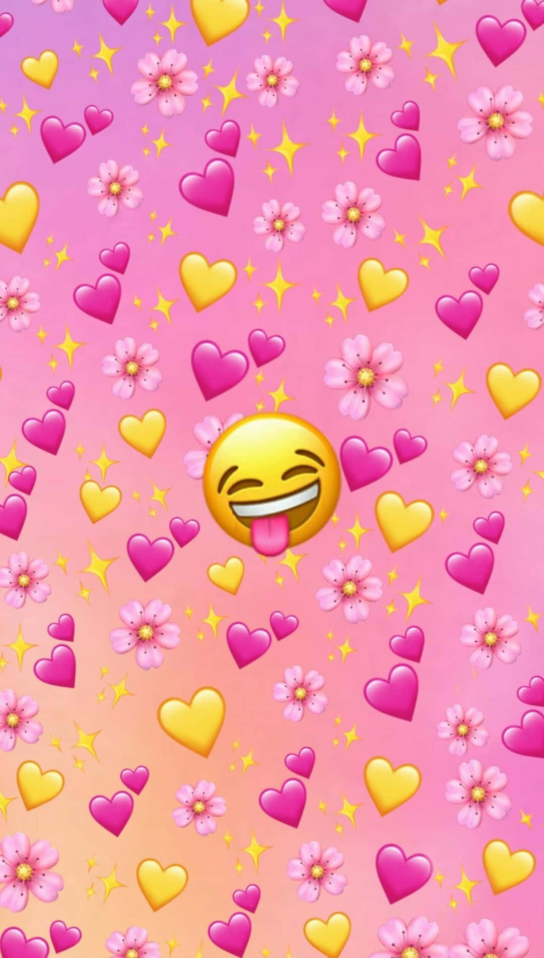 laughing emoji, tongue out, pink and yellow hearts, HD Phone Wallpaper