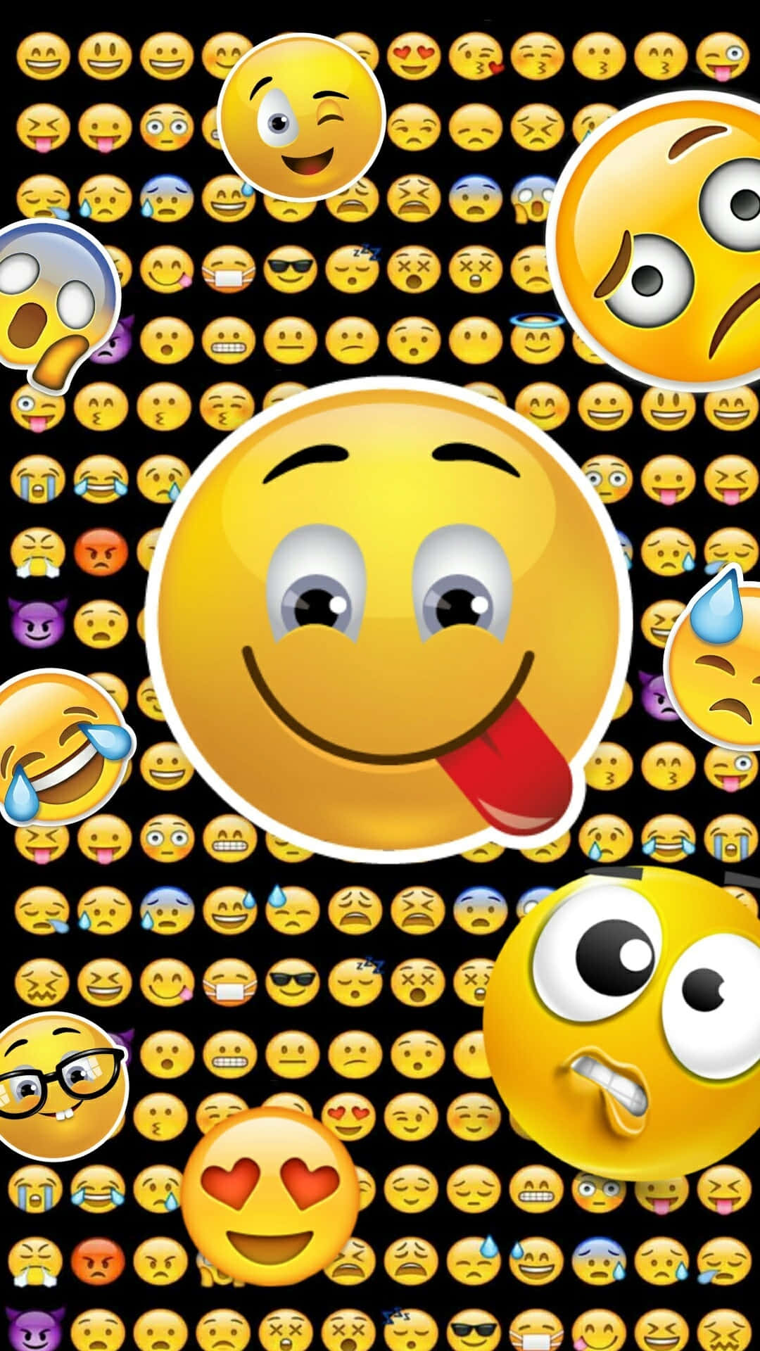 tongue-out emoji, expressive icons, black background, Full HD Phone Wallpaper