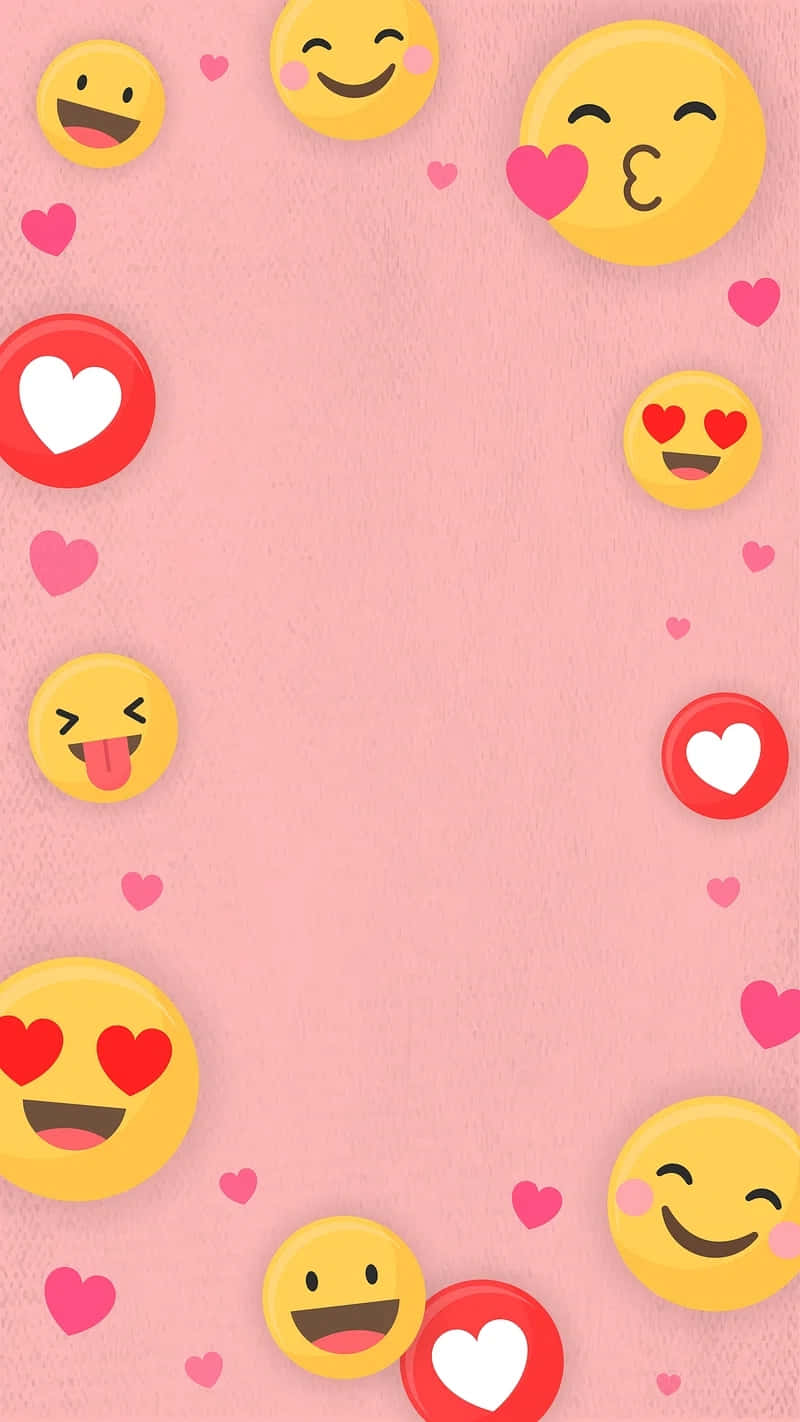 pink textured background, cheerful yellow emojis, red heart icons, HD Phone Wallpaper