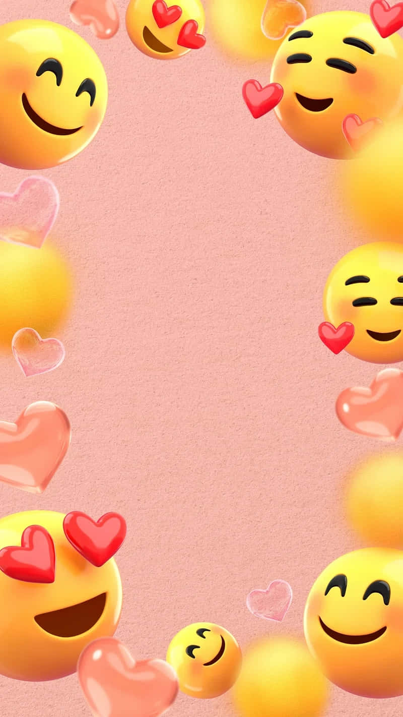 pink background, glossy yellow heart-eyed emojis, pink hearts, HD Phone Wallpaper