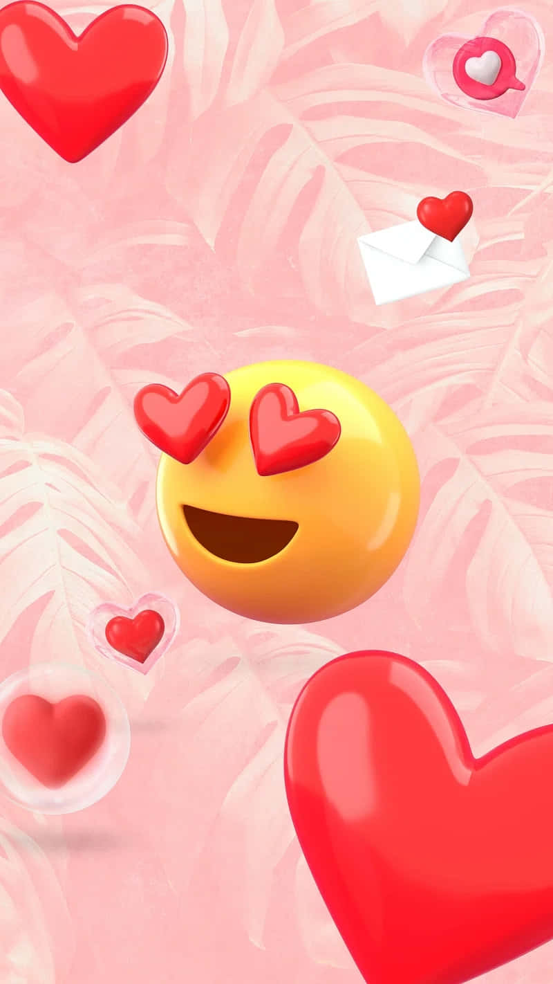 glossy 3d heart-eyed emoji, floating red hearts, tropical leaves, HD Phone Wallpaper