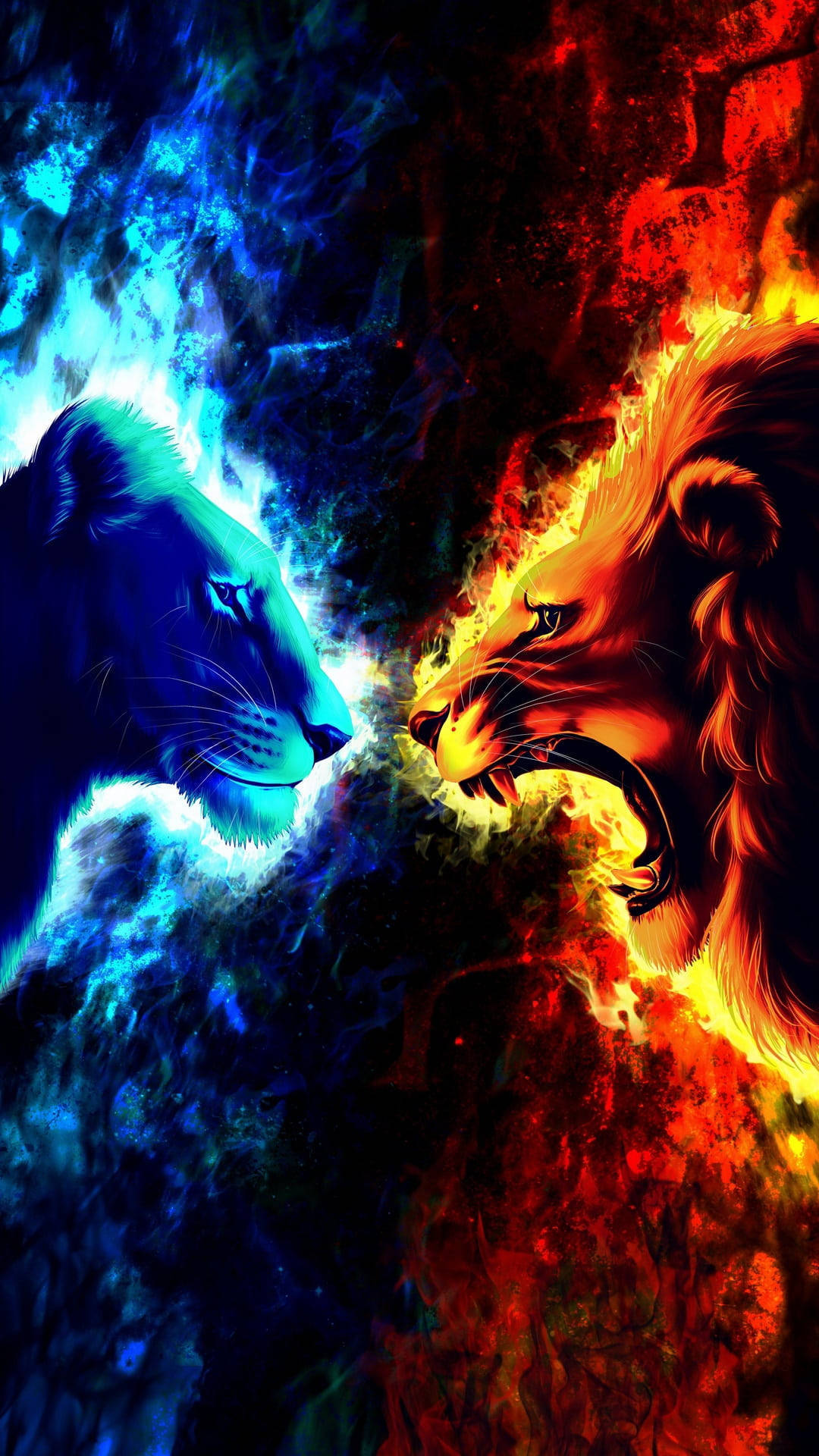 iPhone Fire, blue lion, red lion, Full HD Phone Wallpaper