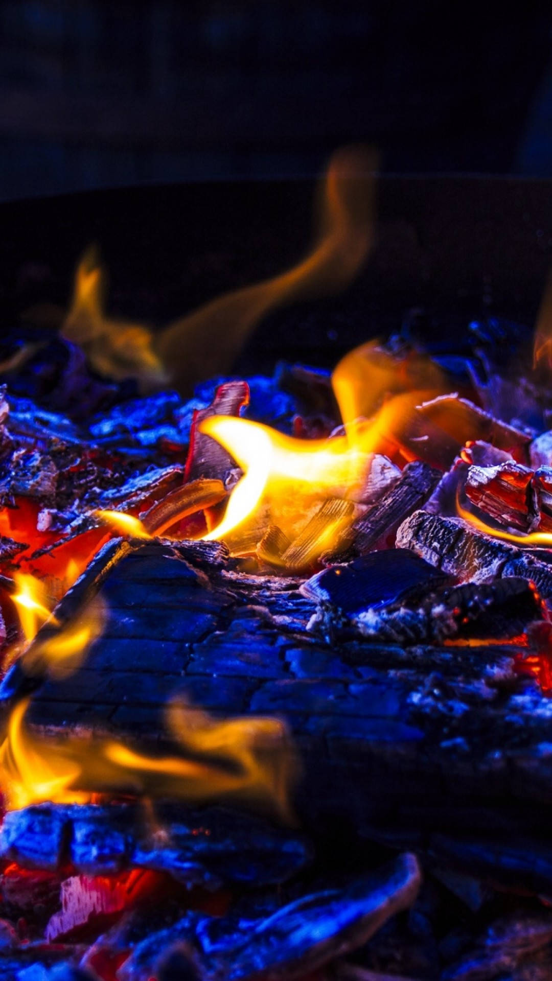iPhone Fire, orange flames, blue charcoal embers, Full HD Phone Wallpaper