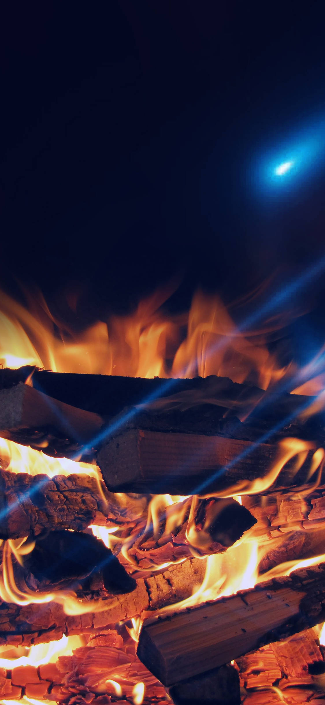 iPhone Fire, blue lights, burning logs, Full HD Phone Wallpaper