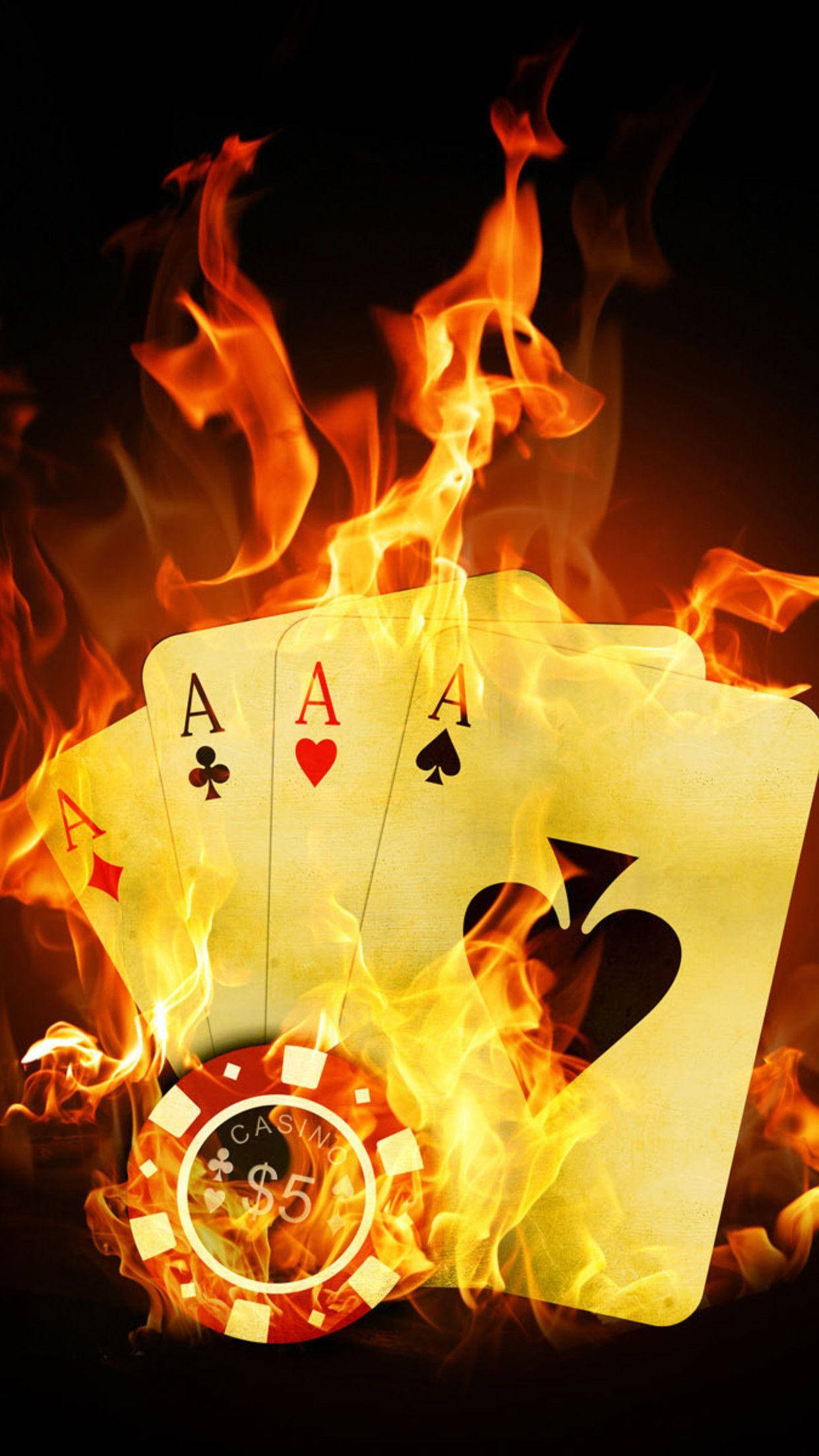 iPhone Fire, flaming ace playing cards, burning casino chip, Full HD Phone Wallpaper