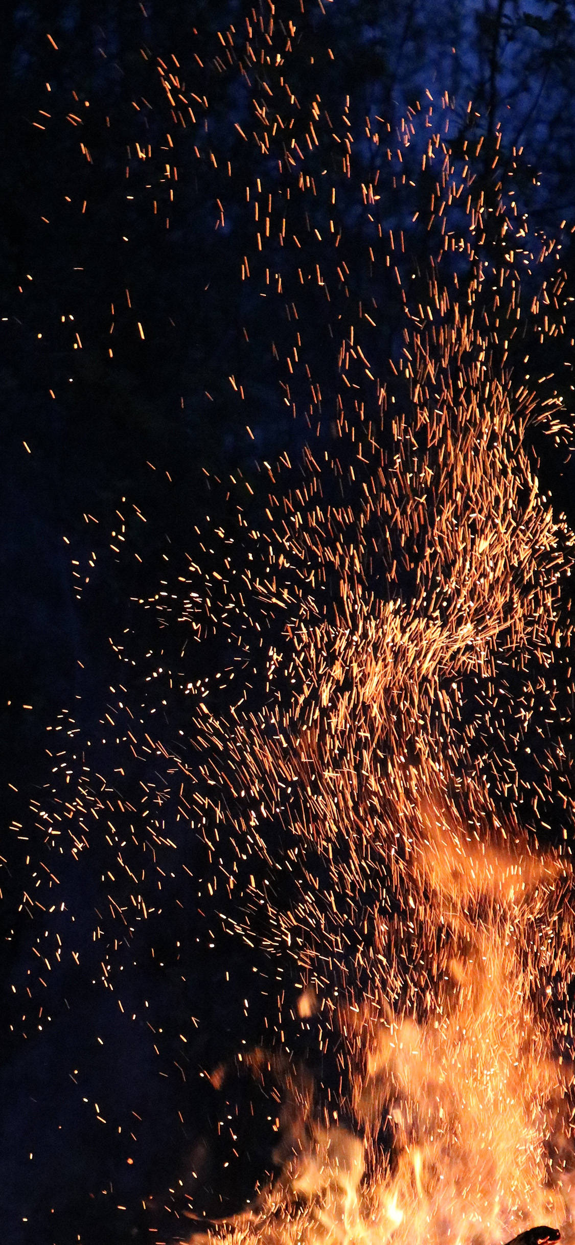 iPhone Fire, glowing orange sparks, dark night sky, Full HD Phone Wallpaper