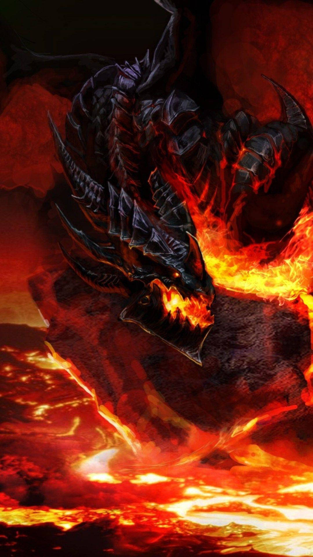 dragon, black dragon, glowing orange eyes, Full HD Phone Wallpaper