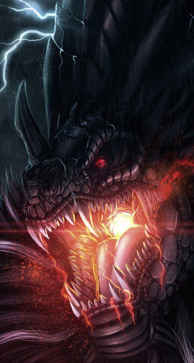 fire breathing dragon, black dragon, glowing red eyes, SD Phone Wallpaper