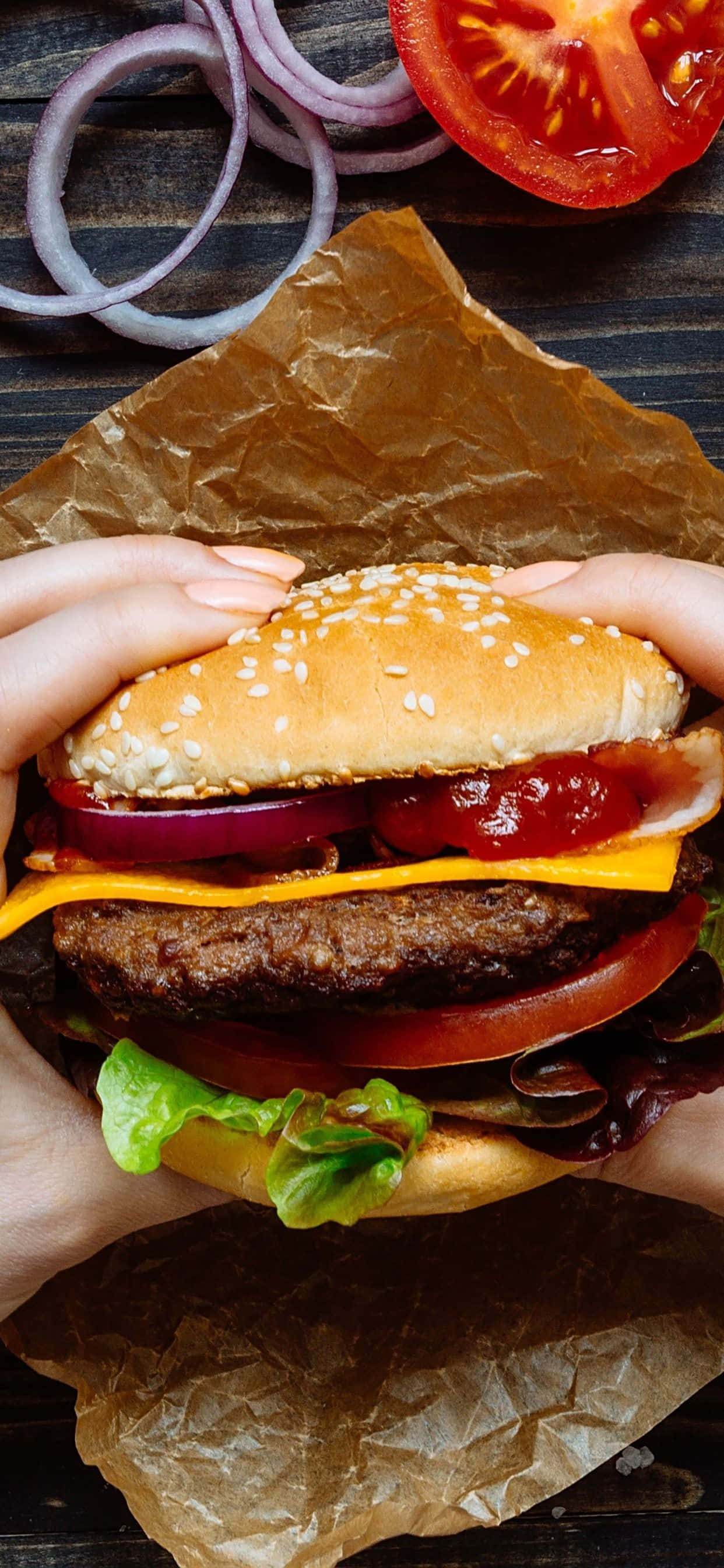 iPhone, burger, cheese, 2K Phone Wallpaper