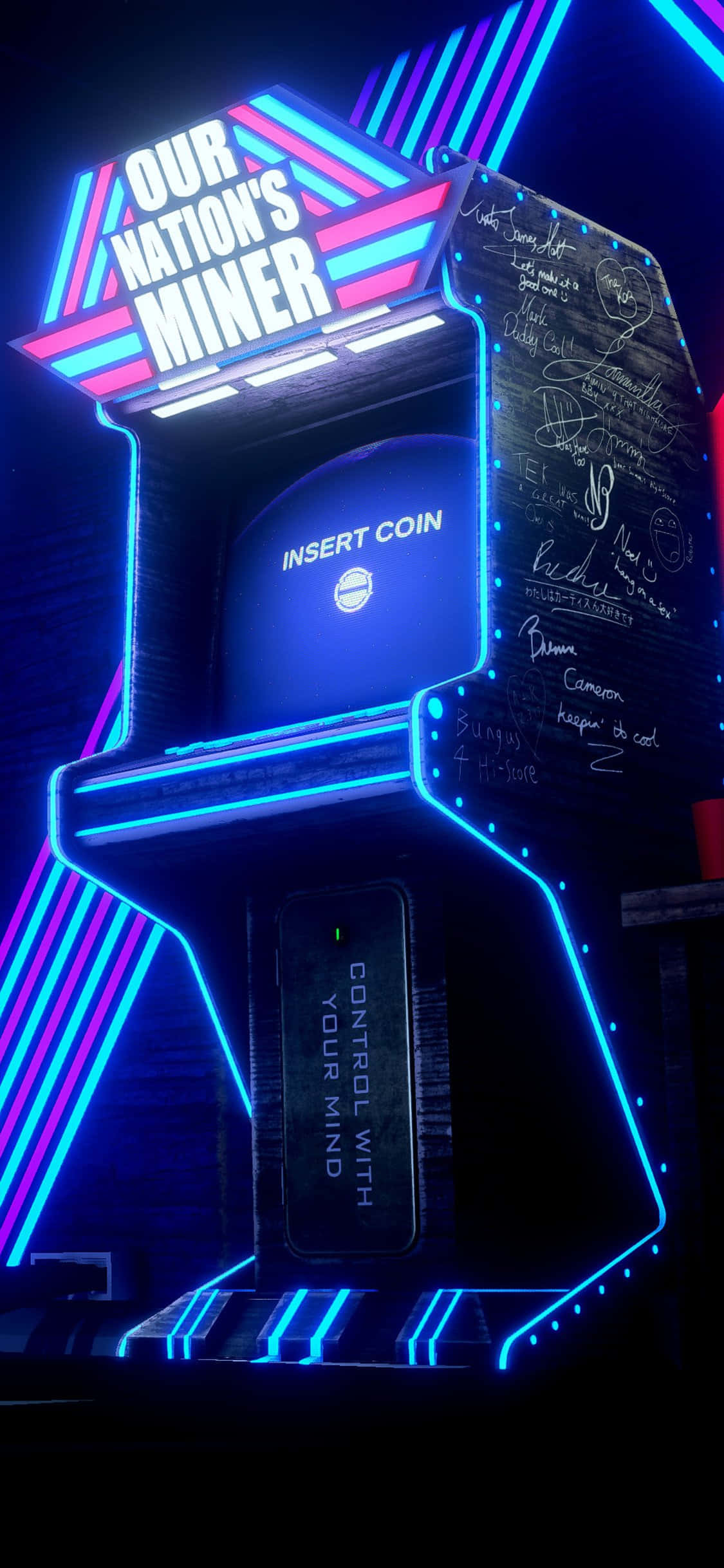 retro arcade machine, blue neon lights, pink neon lights, Full HD Phone Wallpaper