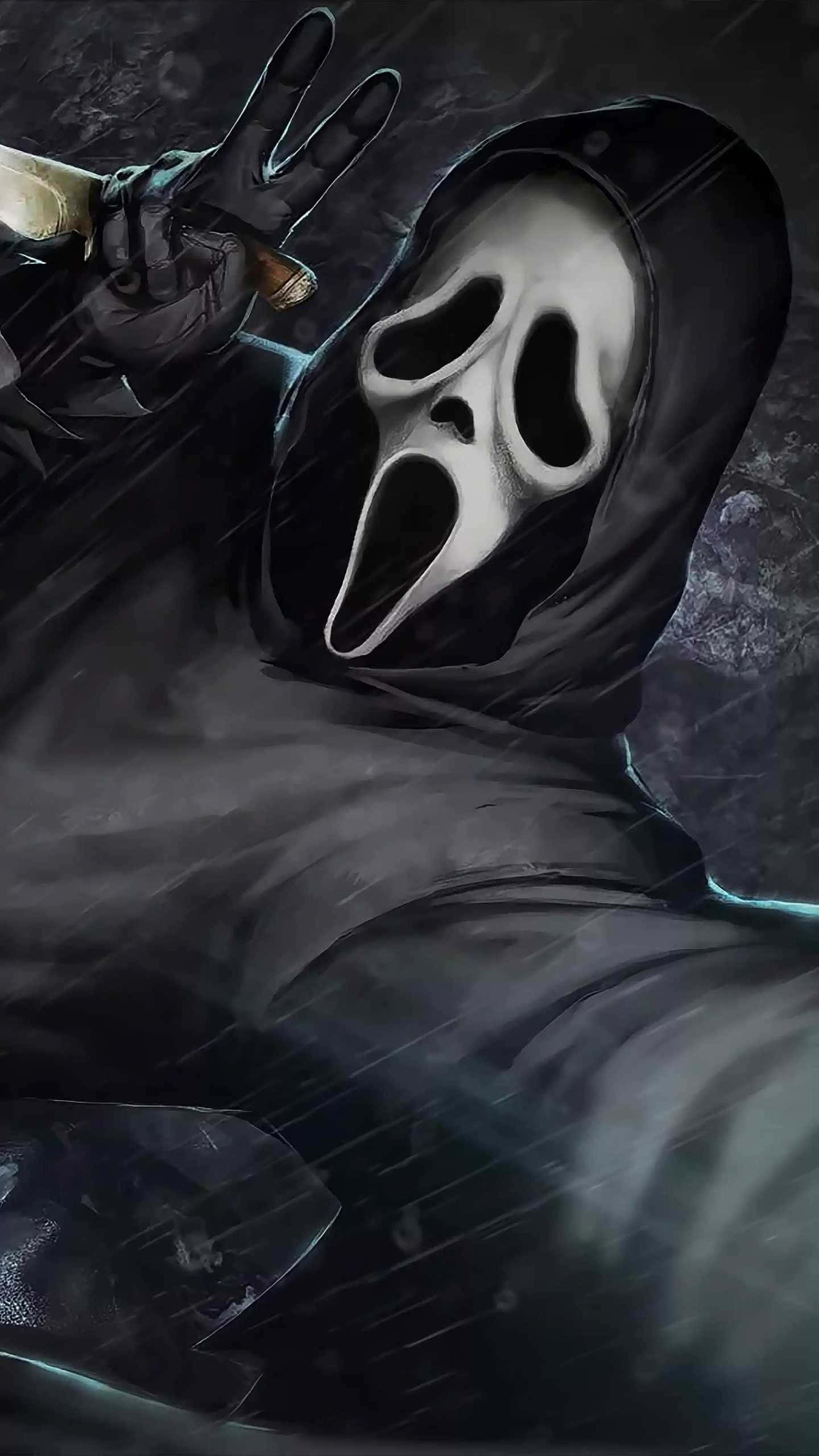 Ghostface, white ghost mask, dark hood, 2K Phone Wallpaper