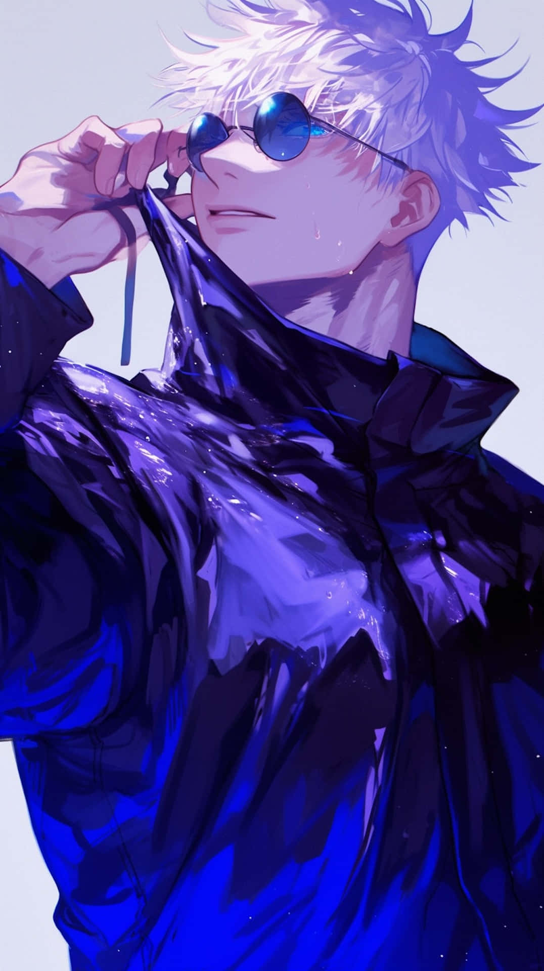 Gojo Satoru, spiky-haired anime man, glossy blue jacket, Full HD Phone Wallpaper